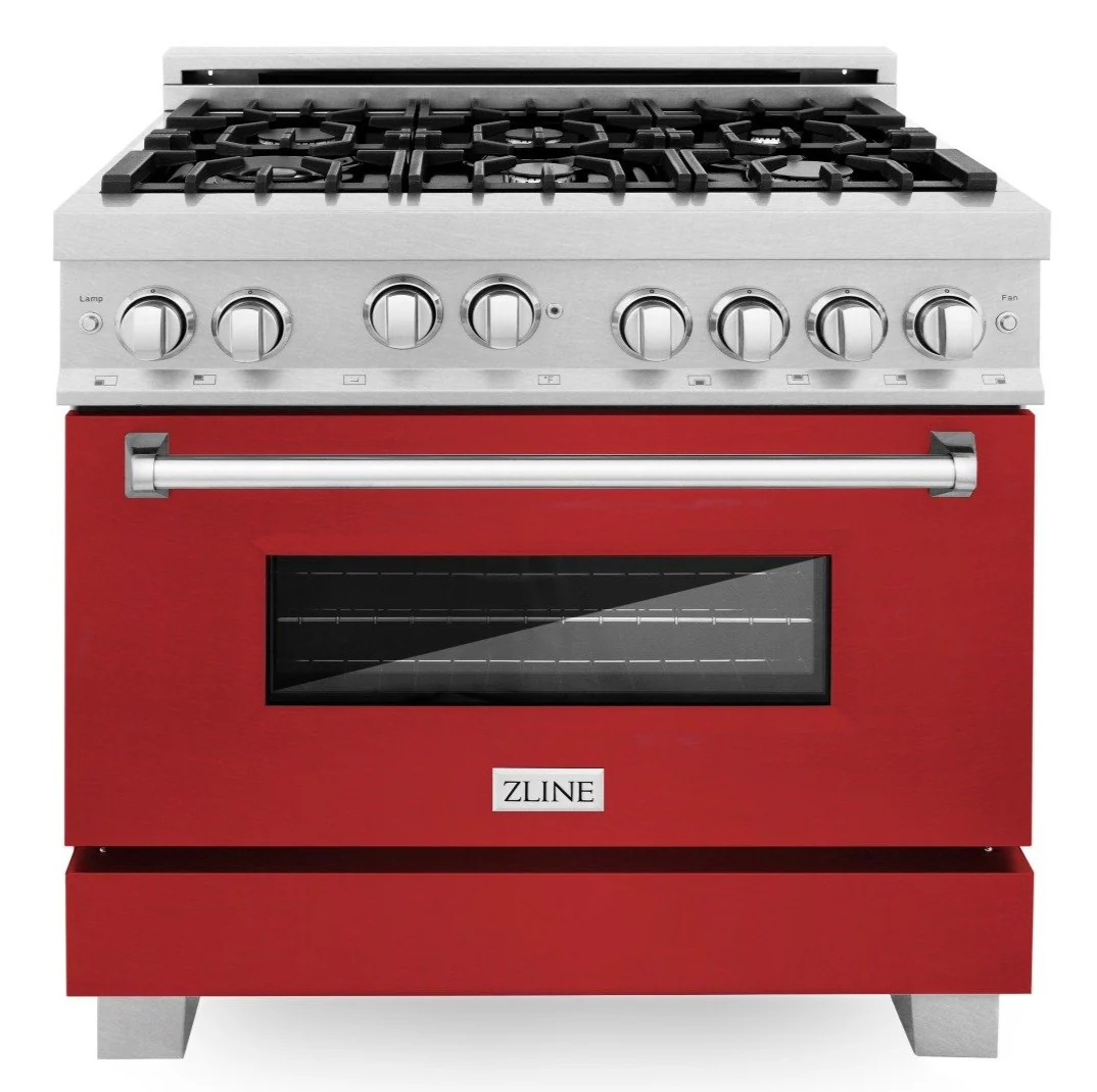 ZLINE 36 in. Professional Gas Range in DuraSnow® Stainless Steel with Red Matte Door, RGS-RM-36 - Inhomebuy