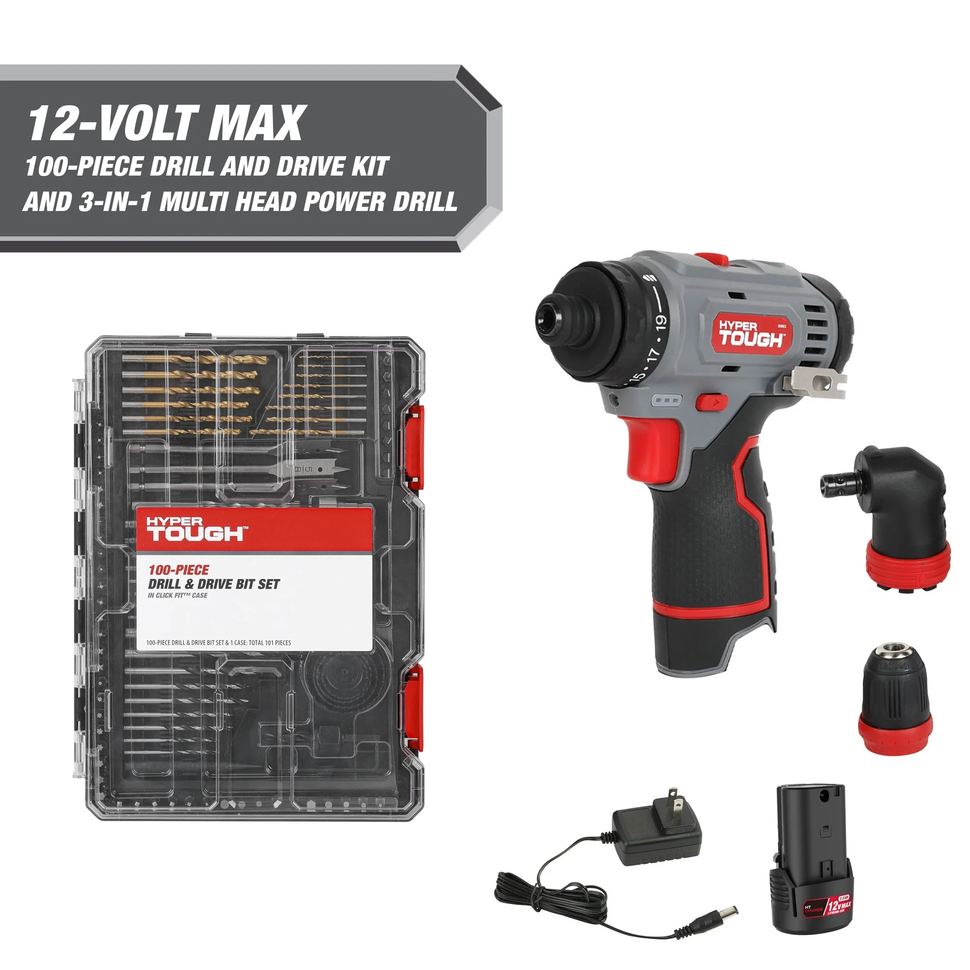 Hyper Tough 12V Max* 3-in-1 Multi-Head Power Drill Set with 1.5Ah Battery and Charger with Hyper Tough 100-Piece Drill and Drive Tool Set in Click Fit? Case Bundle - Inhomebuy