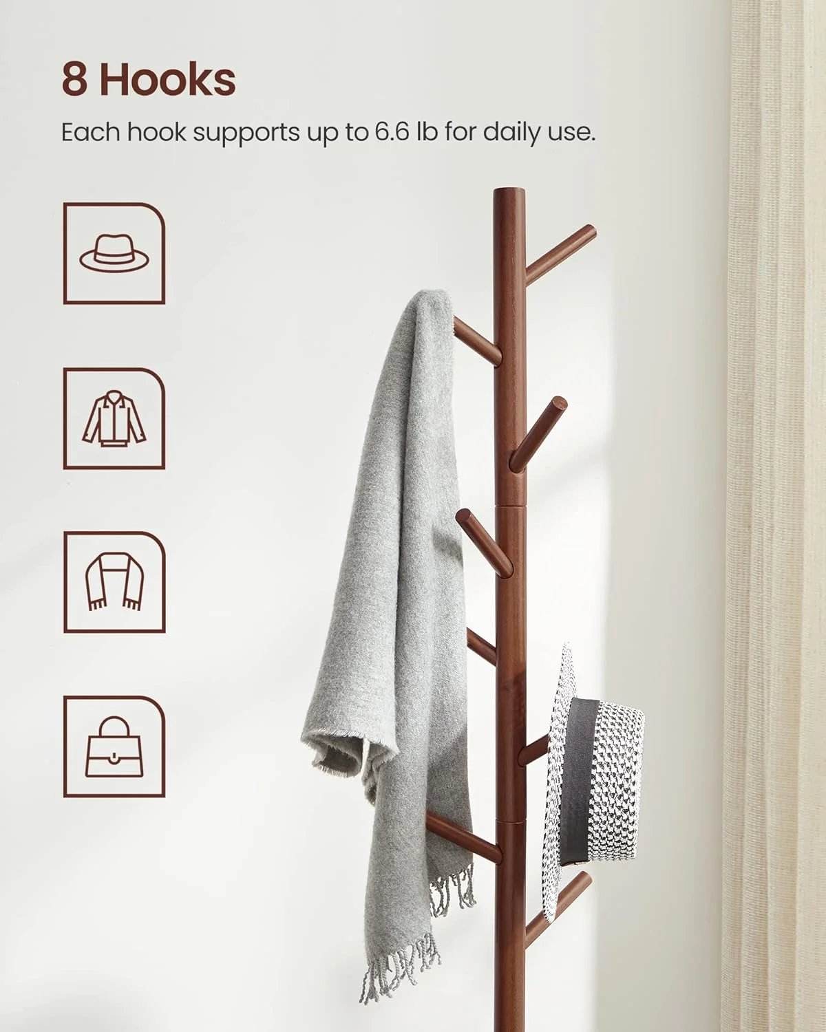VASAGLE Coat Rack Solid Wood Free Standing Coat Rack Tree-Shaped Coat Rack with 8 Hooks for Clothes Hats Bags for Living Room Bedroom Dark Walnut - Inhomebuy