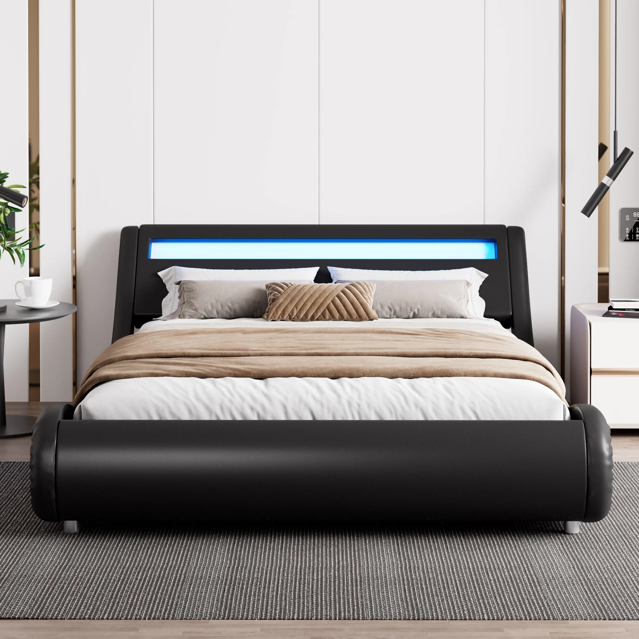 Amolife Queen Size Wave-Like Curve Deluxe Upholstered Modern Bed Frame with LED Headboard, Black - Inhomebuy