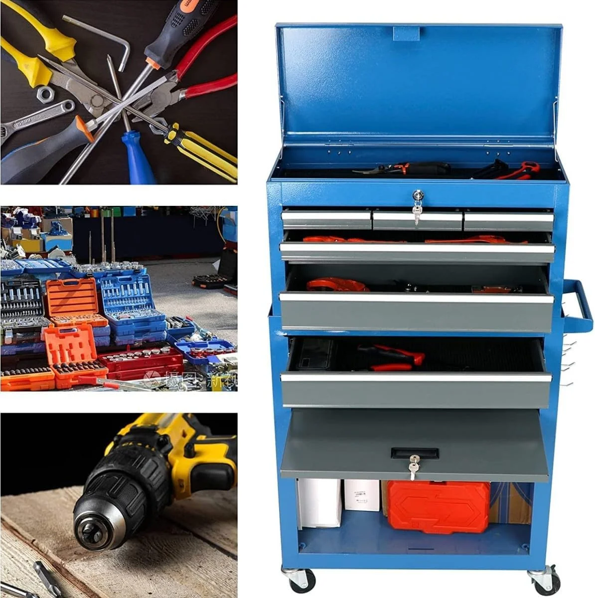 AIRAJ  Rolling Tool Chest 8 Drawers Tool Cabinet with Wheels Sliding Drawers Detachable Toolbox Storage Box Organizer - Inhomebuy