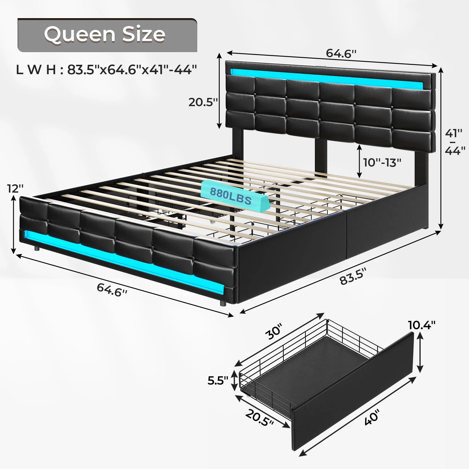 Afuhokles LED Bed Frame King Size with 2 USB Ports, Platform Bed Frame with LED Headboard and Footboard, Storage Drawers, No Box Spring Needed, White - Inhomebuy