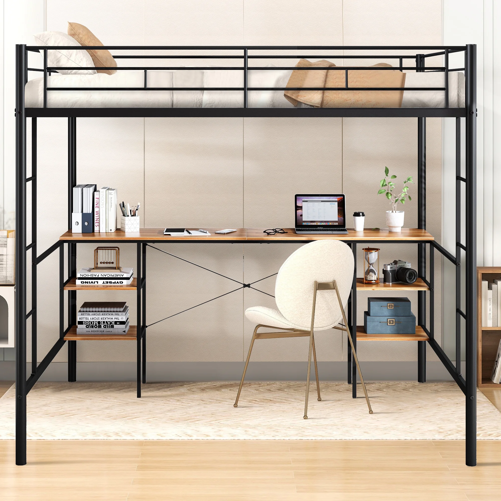 SYNGAR Twin Loft Bed with Desk, Metal Loft Bed with 4 Storage Shelves, Space-Saving Bed Frame with Bilateral Ladders and Safety Guard Rails for Boys Girls Kids Teens Adults, Black - Inhomebuy