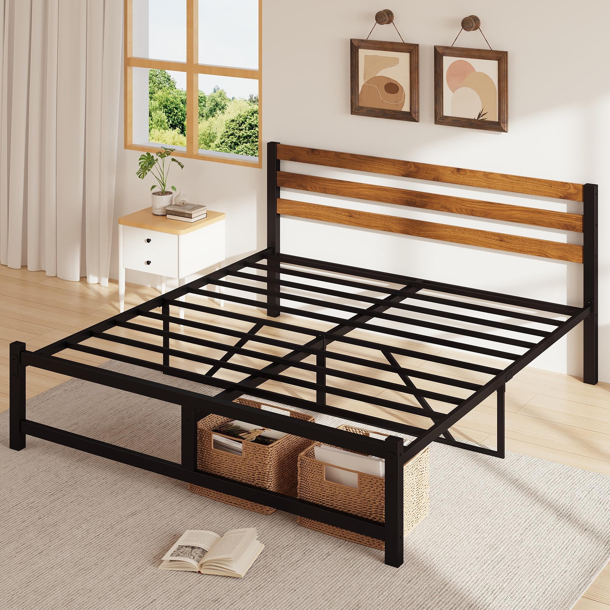 uhomepro Queen Platform Bed Frame with Headboard, Rustic Brown and Black Metal Platform Bed Frame with Heavy Duty Metal Slats, No Box Spring Needed - Inhomebuy