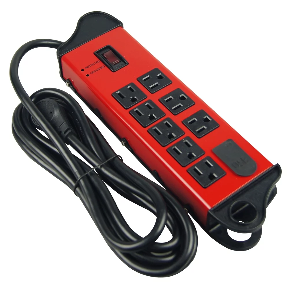 Hyper Tough 8-Outlet 10ft Metal Surge 1780-Joule Protection with 2 Usb, Red - Inhomebuy