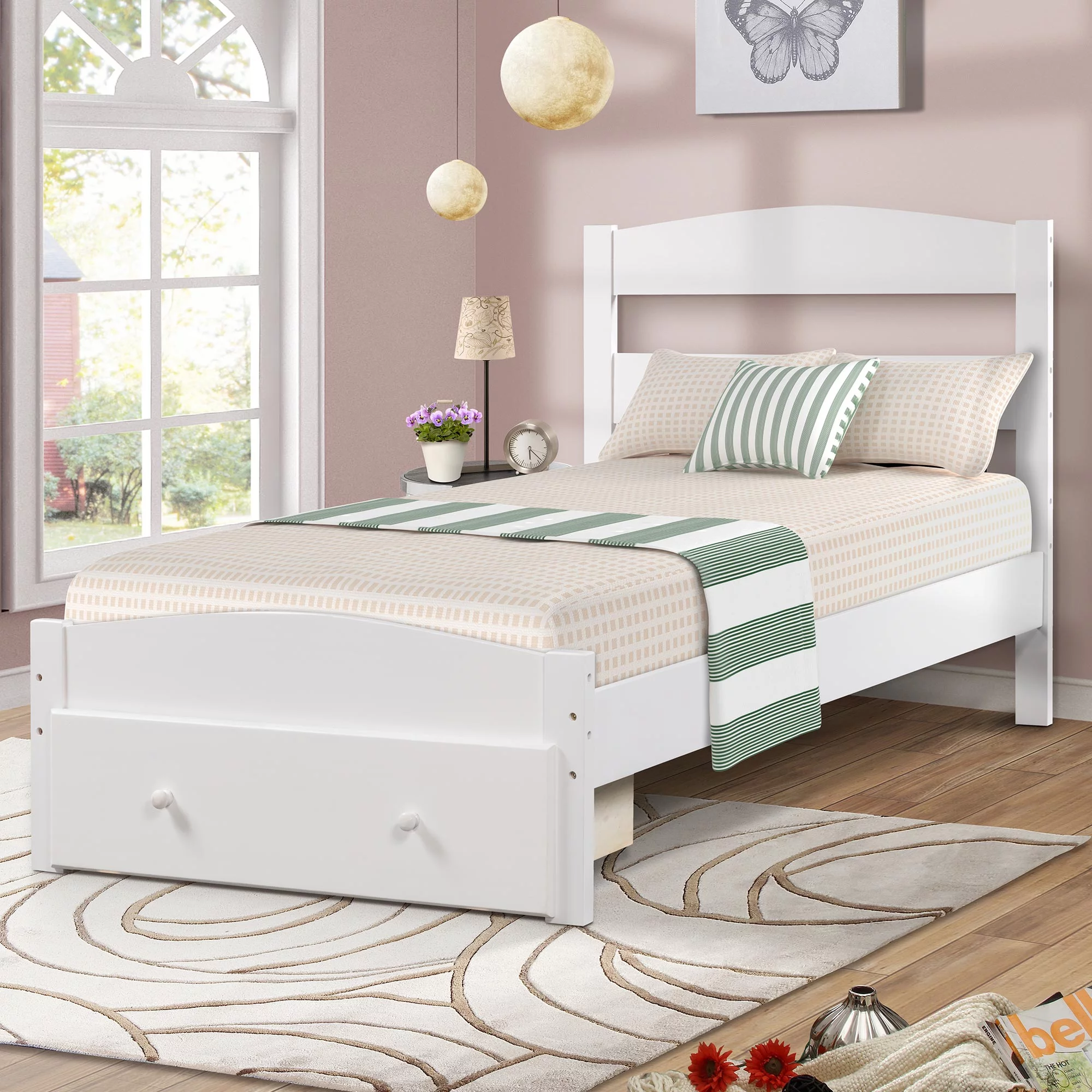 Twin Bed for Kids with Storage Drawer, Upgrade Pine Wood Bed Frame with Headboard and Footboard, Modern Kids Bed Furniture for Bedroom, Holds 275 lb, No Box Spring Needed, White - Inhomebuy