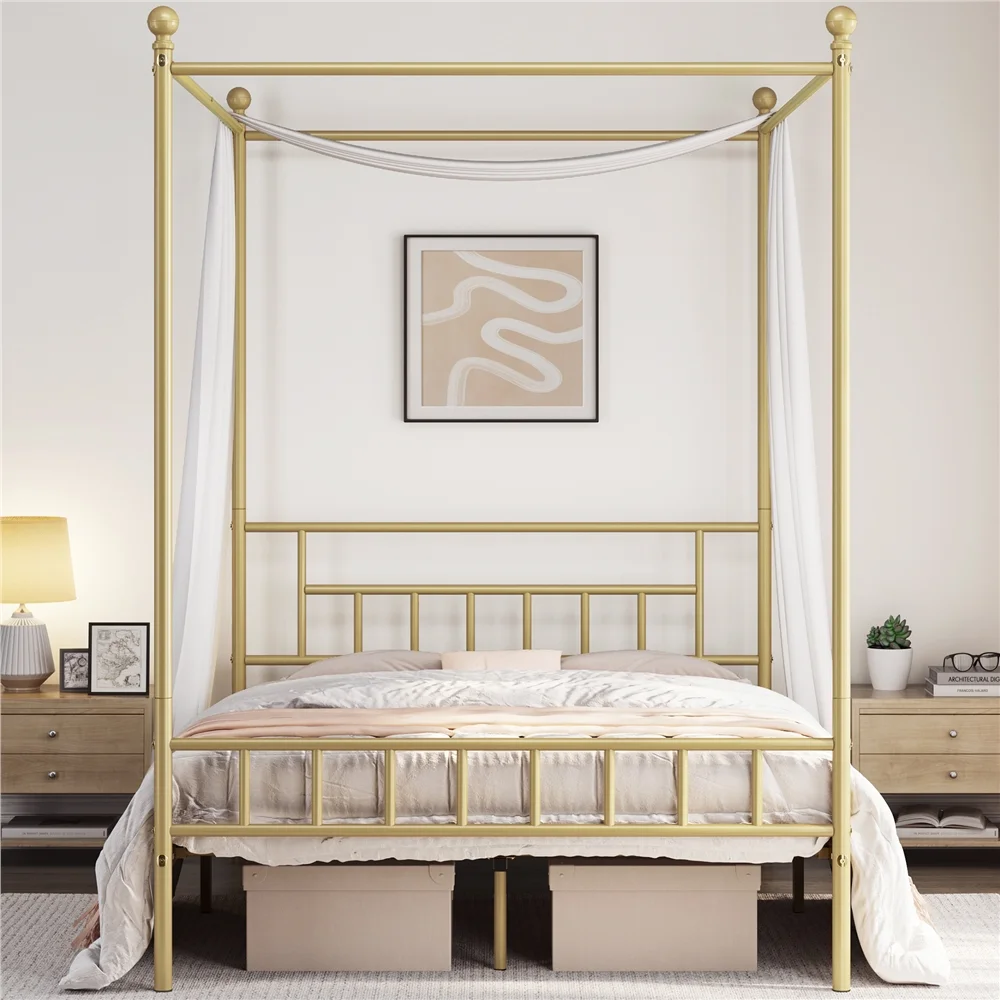 Topeakmart Metal Bed Frame Four-Poster Canopied with Headboard & Footboard, Queen, Black - Inhomebuy