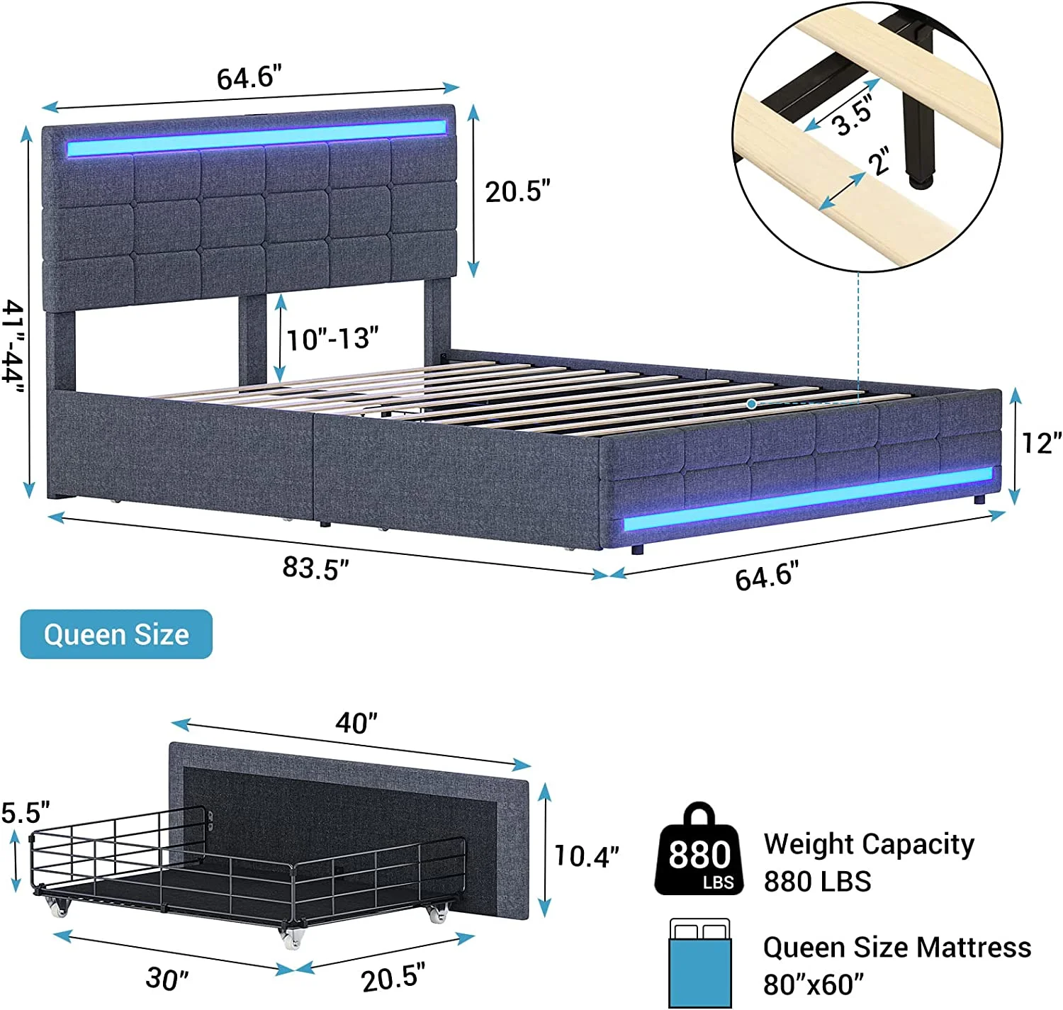 Afuhokles LED Bed Frame King Size with 2 USB Ports, Platform Bed Frame with LED Headboard and Footboard, Storage Drawers, No Box Spring Needed, White - Inhomebuy