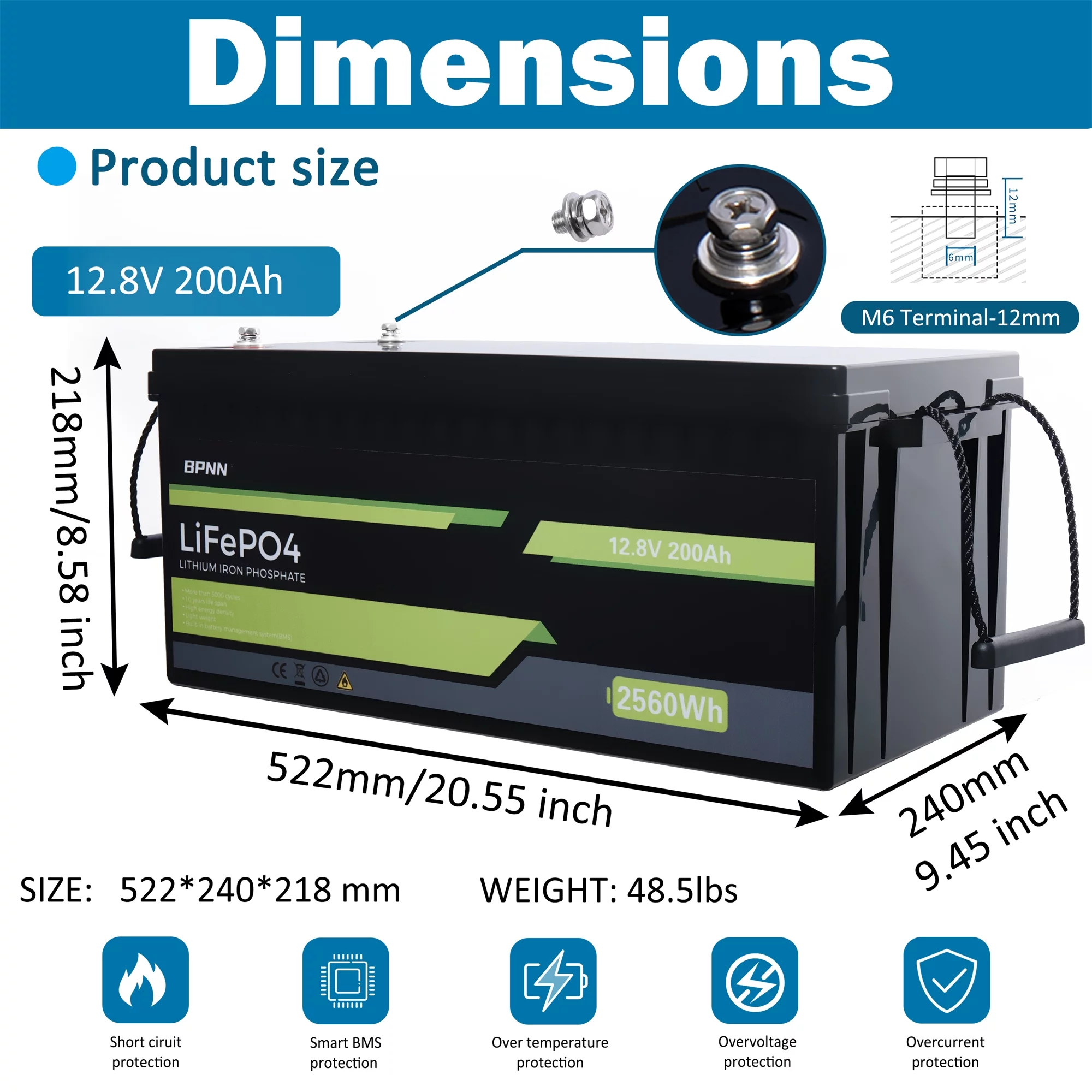 BPNN 12V 100Ah LiFePO4 Battery Long Cycles 12V Lithium Battery for RV Home Backup - Inhomebuy