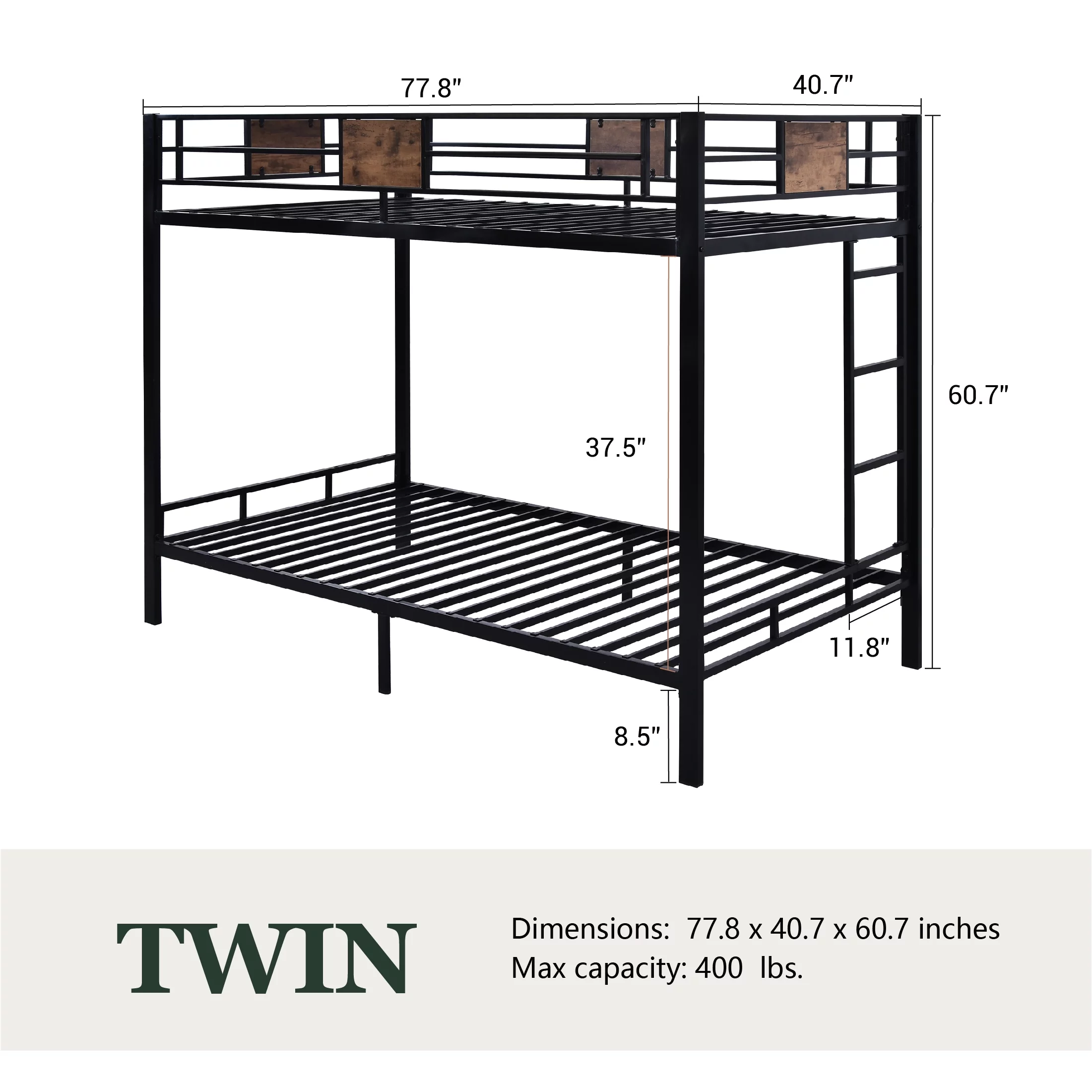 Amolife Metal Twin Over Twin Size Bunk Bed Frame with Stairs & Full-Length Guardrail, Black - Inhomebuy