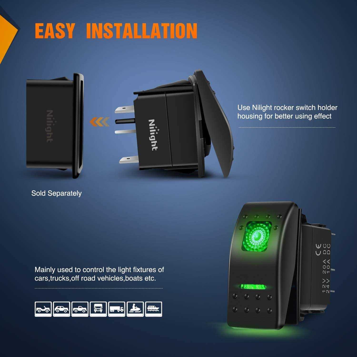 Nilight 6 Pack Rocker Switches with Night Glow Stickers 5 Pin SPST Rocker Switches - Inhomebuy