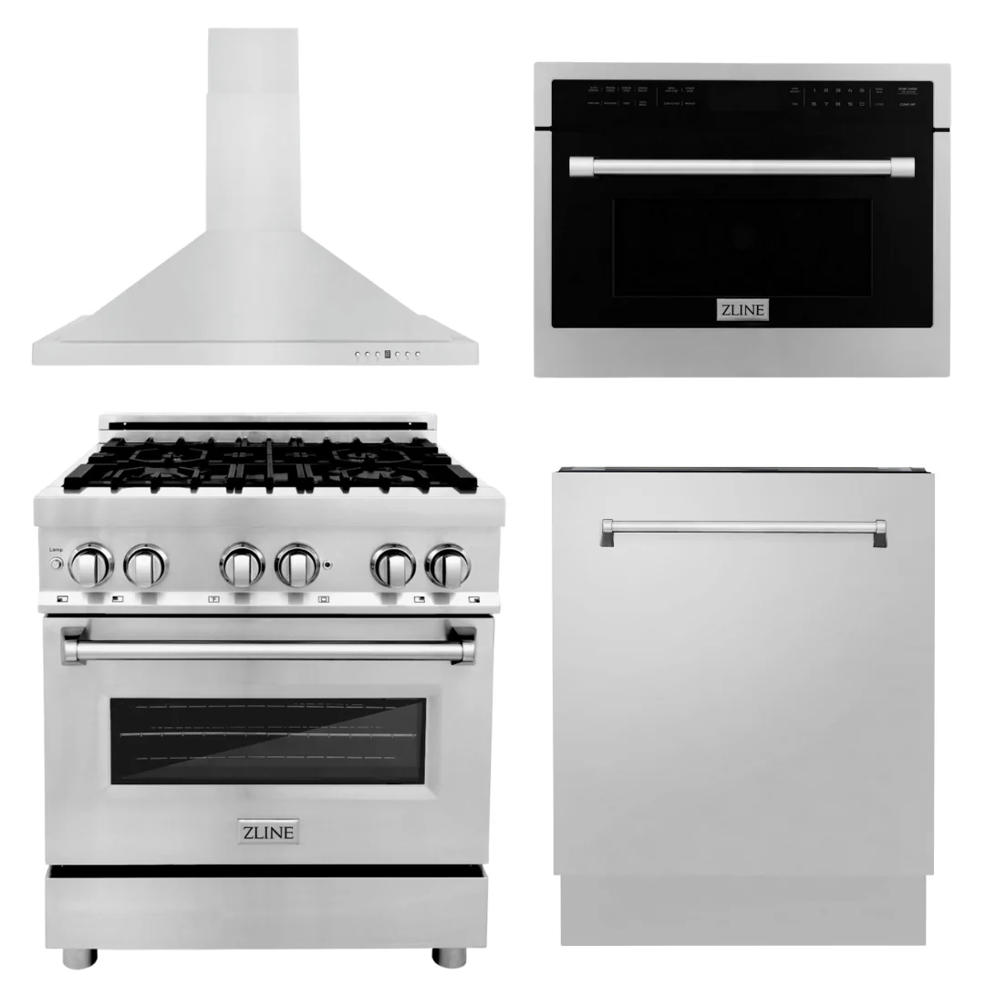 ZLINE Appliance Package - 30 in. Gas Range, 30 in. Range Hood, Microwave Oven, 3 Rack Dishwasher, 4KP-RGRH30-MODWV - Inhomebuy