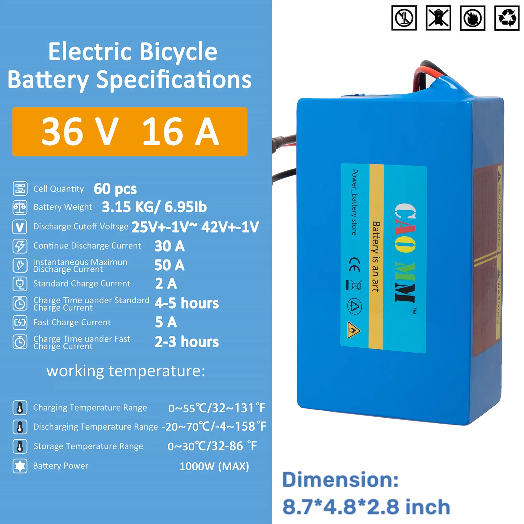 Ebike Battery 36V 10Ah Lithium Battery with 5A Fast Charger for 750W Electric Bicycle - Inhomebuy