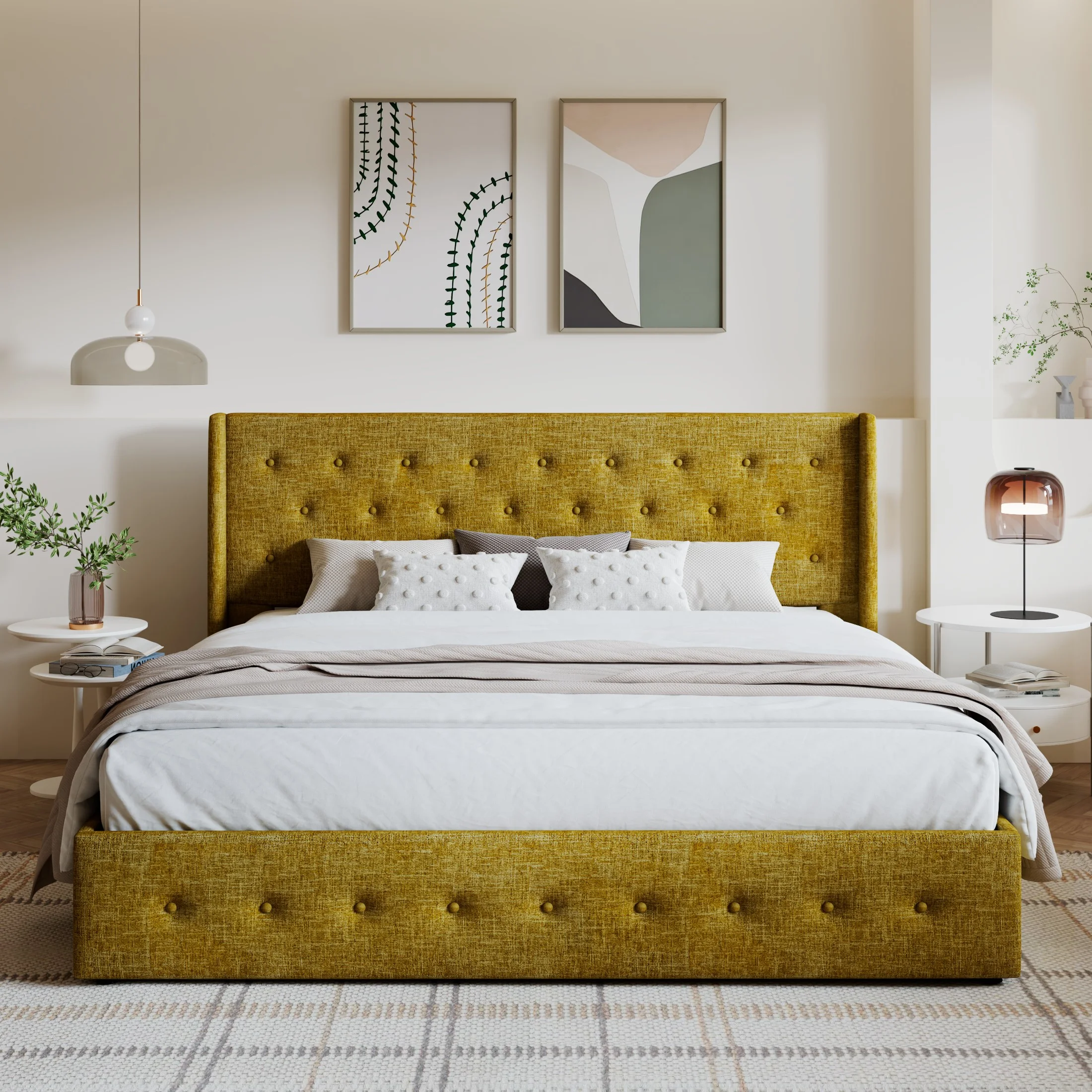 Amolife King Size Upholstered Lift up Storage Platform Bed Frame with Channel Wingback Headboard, Beige, Adult - Inhomebuy