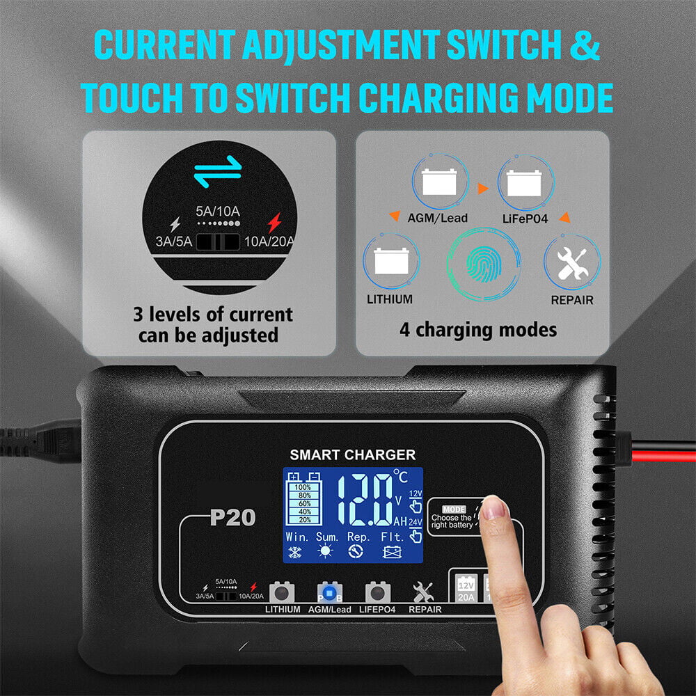 JahyShow Intelligent 12V/24V Battery Charger - Fast Charging with LCD Display, 20A Amp - Inhomebuy