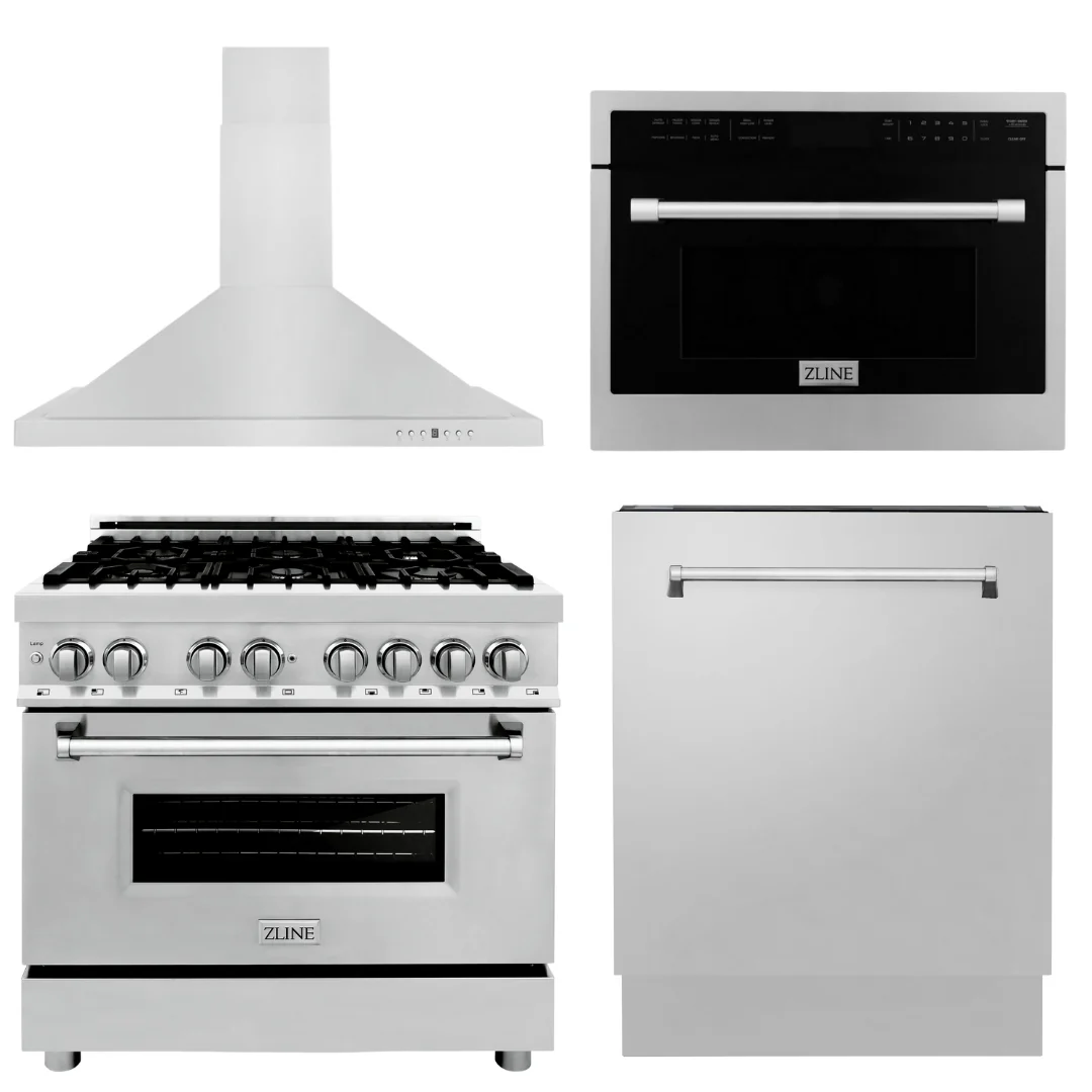 ZLINE Appliance Package - 36 in. Dual Fuel Range, Range Hood, Microwave Oven, Dishwasher, 4KP-RARH36-MODWV - Inhomebuy