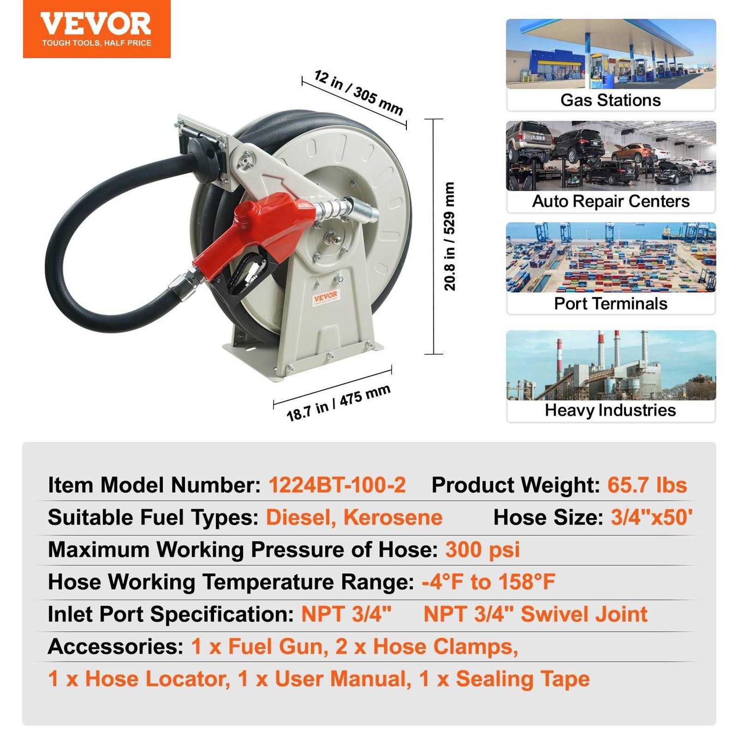 VEVOR Fuel Hose Reel 1 x 50′ Extra Long Retractable Diesel Hose Reel Heavy-Duty Carbon Steel Construction with Automatic Fuel Nozzle Nbr Rubber - Inhomebuy