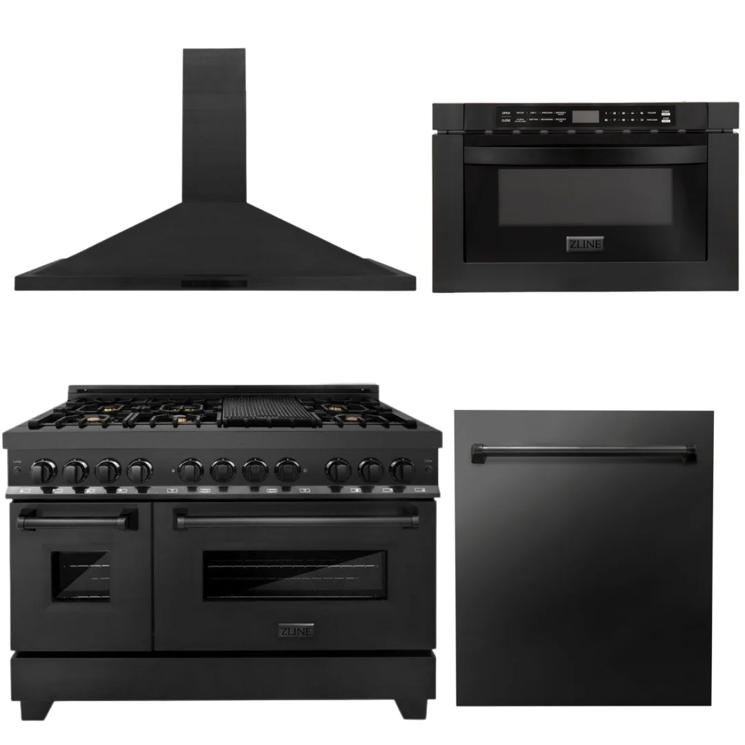 ZLINE Black Stainless Steel Appliance Package - 48 in. Dual Fuel Range, Range Hood, Microwave, Dishwasher, 4KP-RABRH48-MWDW - Inhomebuy