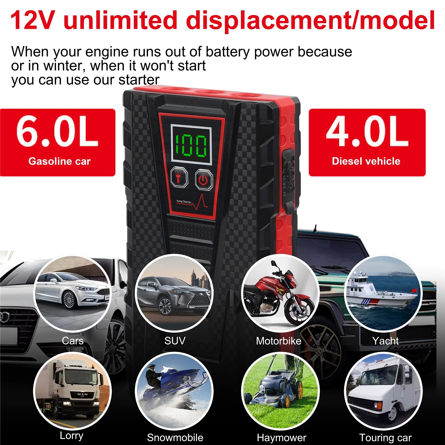 PRAXO Multi-functional Car Jump Starter, 5000A Peak 99800mAh Battery Jump Starter, 12V Car Battery Charger, Auto Battery Booster w/ LCD Display & 3 LED Modes, Portable Power Bank Charger - Inhomebuy