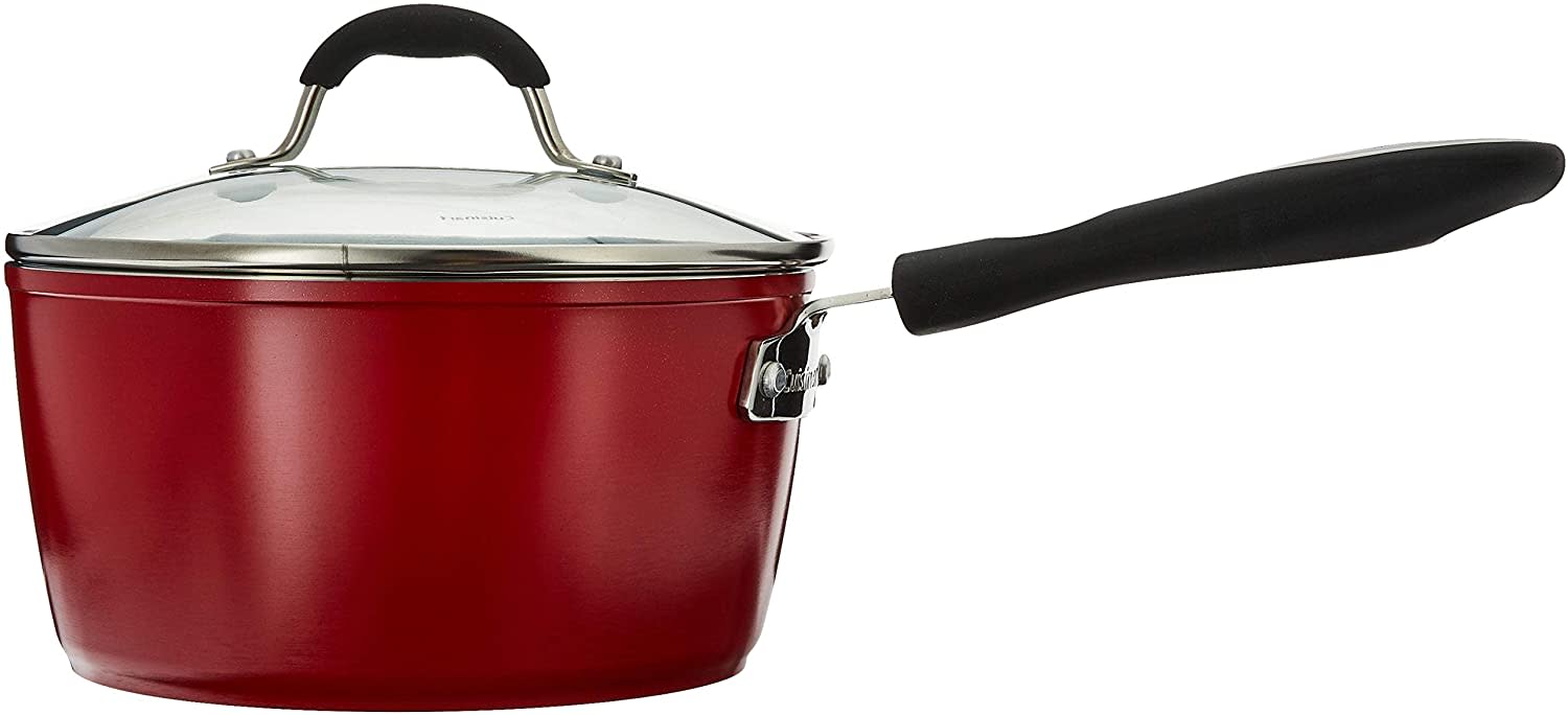 Cuisinart Elements Sauce Pan with Glass Lid: 3-quart, white ceramic non-stick, red | 59193-20R - Inhomebuy