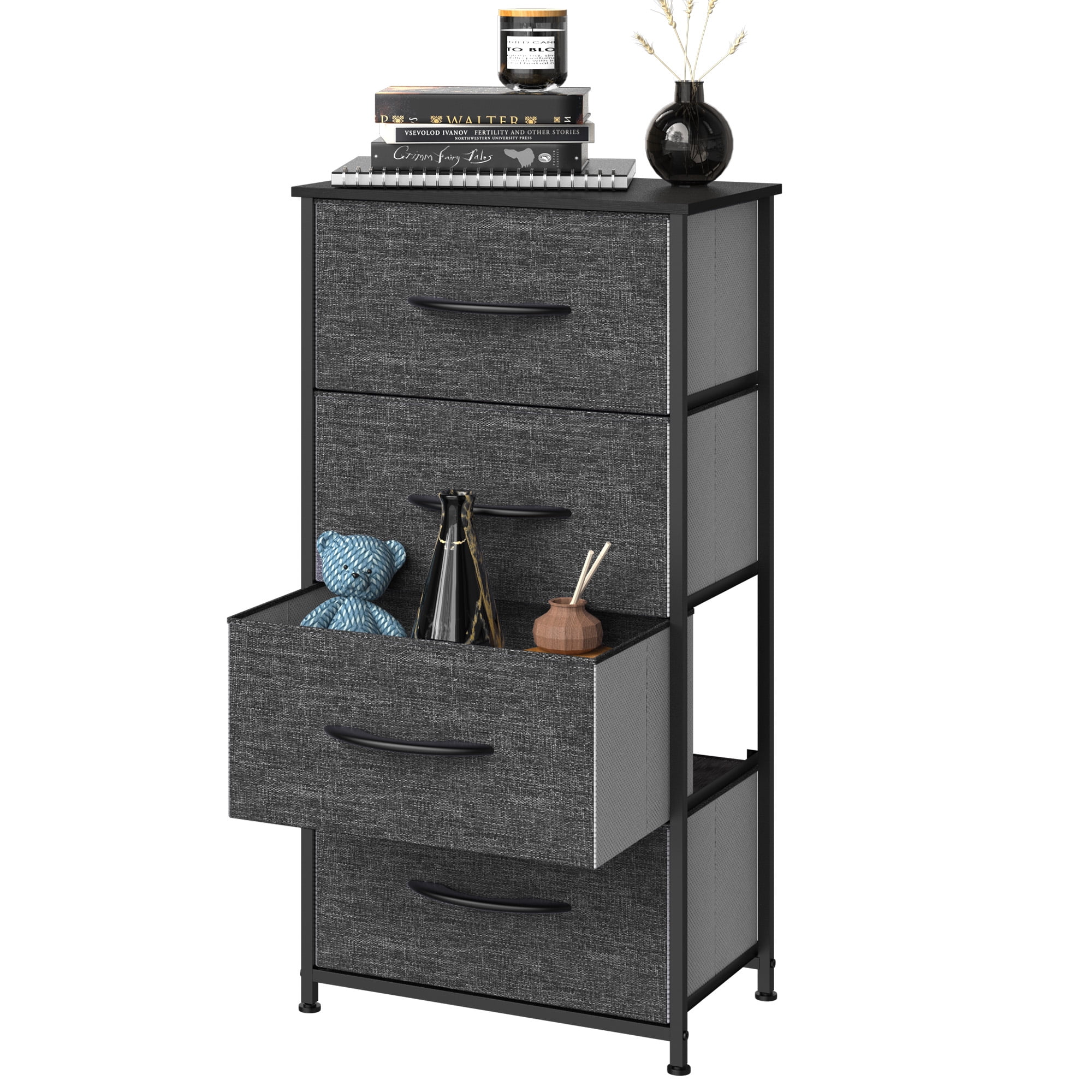 YINTATECH 4 Drawers Dresser Shelf Organizer Bedroom Bedside Storage Tower Black Grey - Inhomebuy