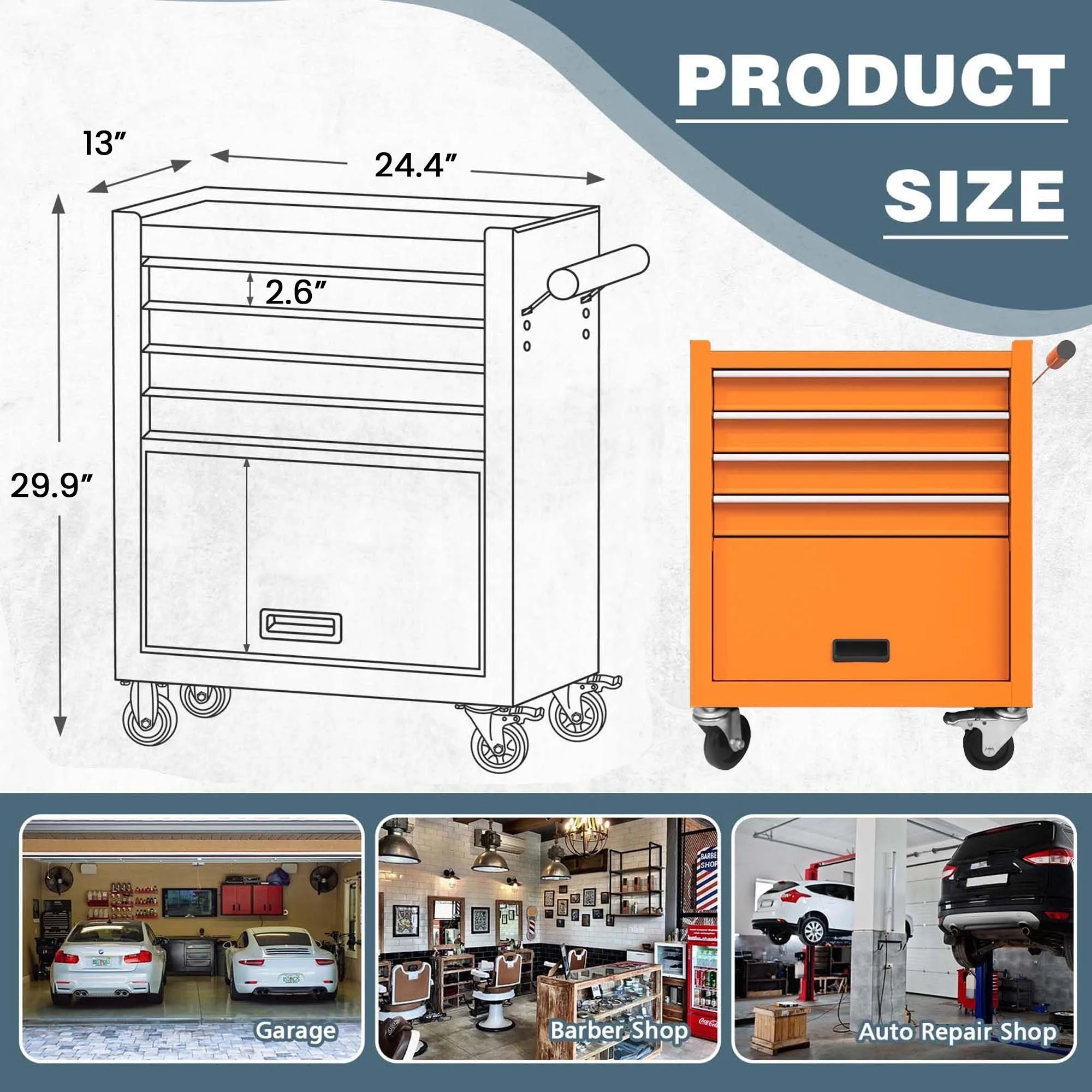 Aukfa Tool Chest, 24-In Steel Rolling Tool Box & Cabinet on Wheels for Garage, 4-Drawer, Black - Inhomebuy