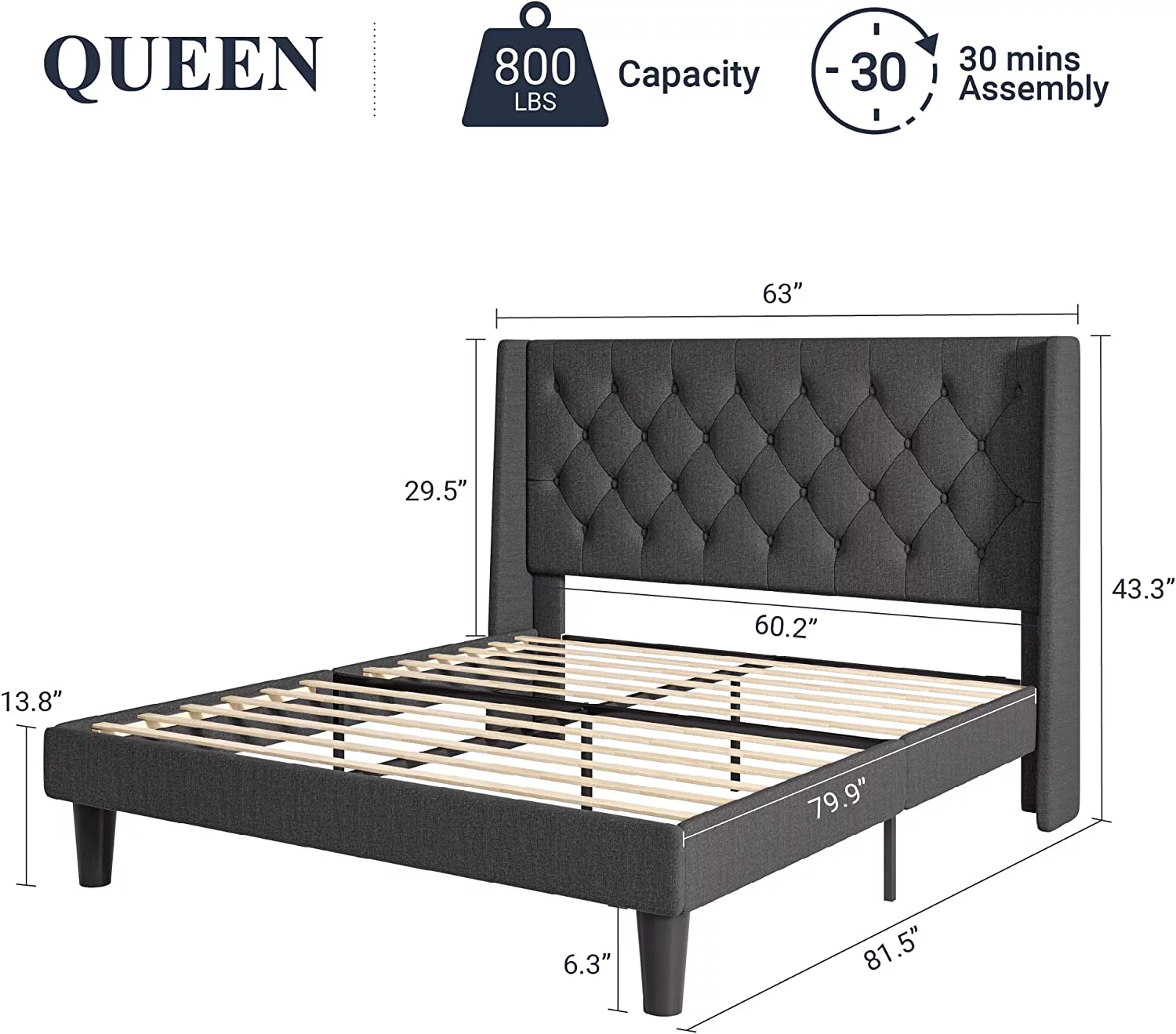Allewie Queen Size Upholstered Platform Bed Frame with Wingback and Button Tufted Headboard, Dark Grey - Inhomebuy