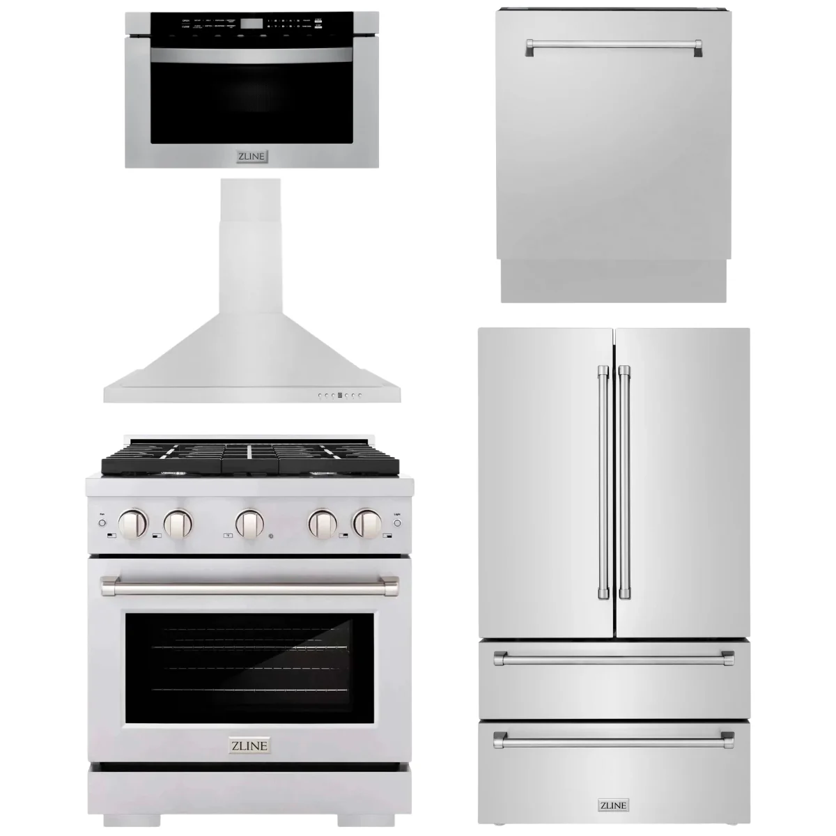 ZLINE Appliance Package - 30 in. Gas Range, 30 in. Range Hood, Microwave Drawer, 3 Rack Dishwasher, Refrigerator, 5KPR-SGRRH30-MWDWV - Inhomebuy
