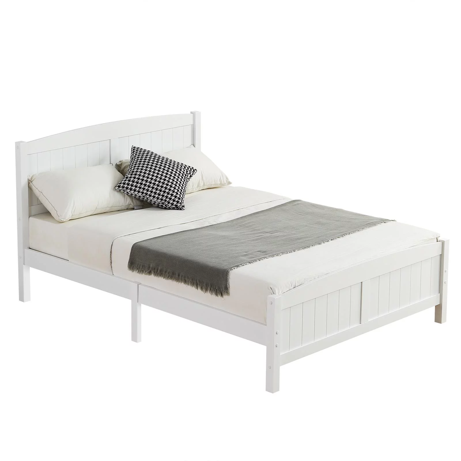 Zimtown Queen Bed Frame,Solid Pine Wood Kids Twin Platform Bed Frame, Bedroom Queen Bed with Headboard for Adults, White - Inhomebuy