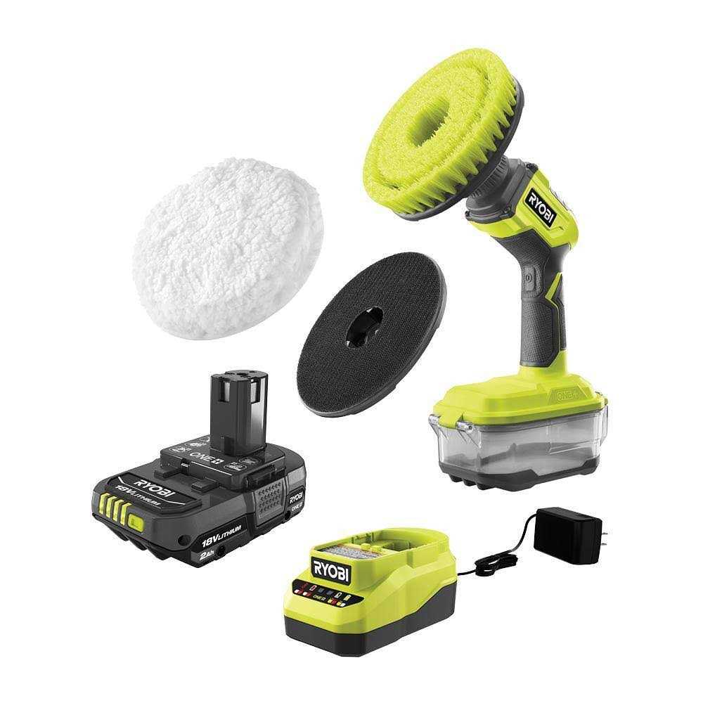 RYOBI ONE+ 18V Cordless Compact Power Scrubber Kit with 2.0 Ah Battery, Charger, and 6 Kit - Inhomebuy