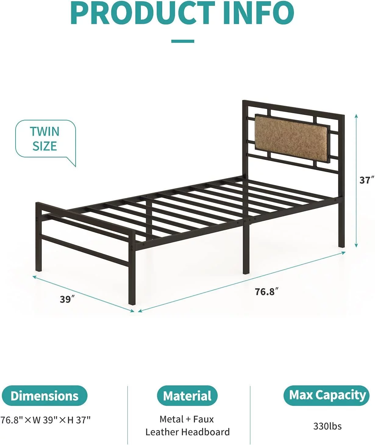 UBesGoo Vintage Metal Twin Bed Frame - Rustic Brown Upholstered Faux Leather Headboard - Platform Bed with Strong Metal Slats - Easy Assembly - No Box Spring Needed - Inhomebuy