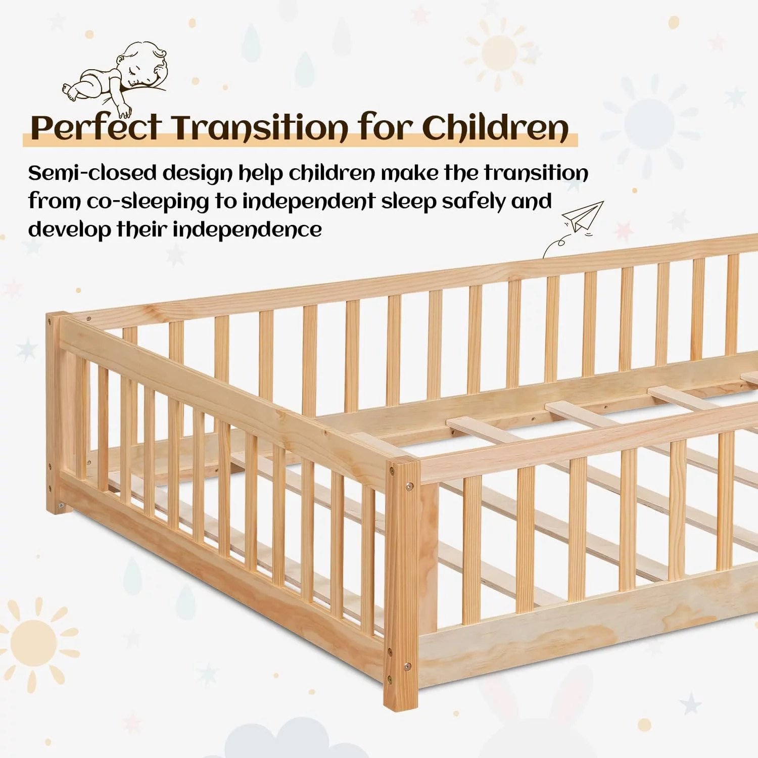 Twin Floor Bed Frame for Toddler, Montessori Floor Bed with Fence and Wood Slats, Low Wood Platform Beds for Girls Boys Kids Happy Time, White - Inhomebuy