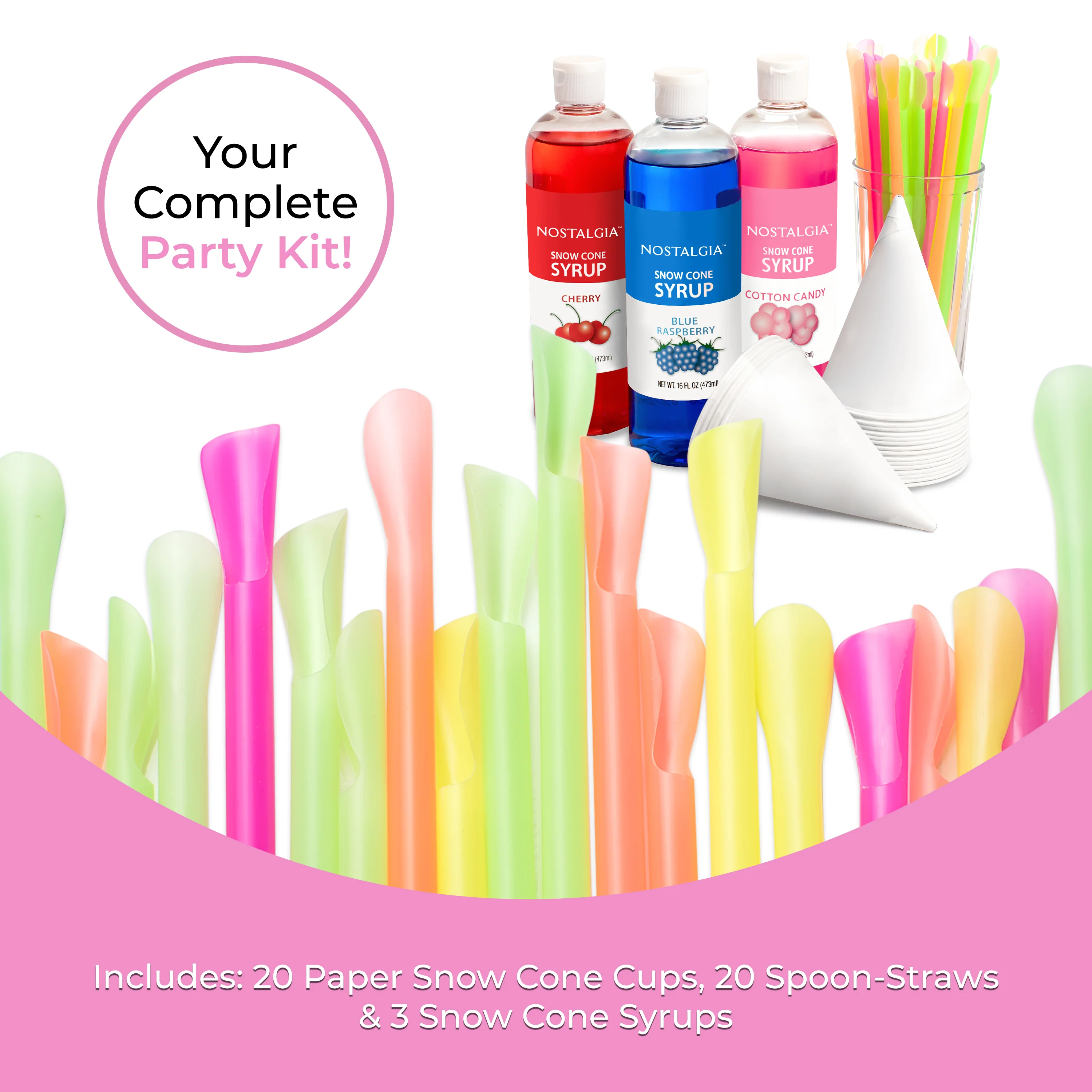 Premium 16-Ounce Snow Cone Syrups, Cups and Spoon-Straws Party Kit - Inhomebuy