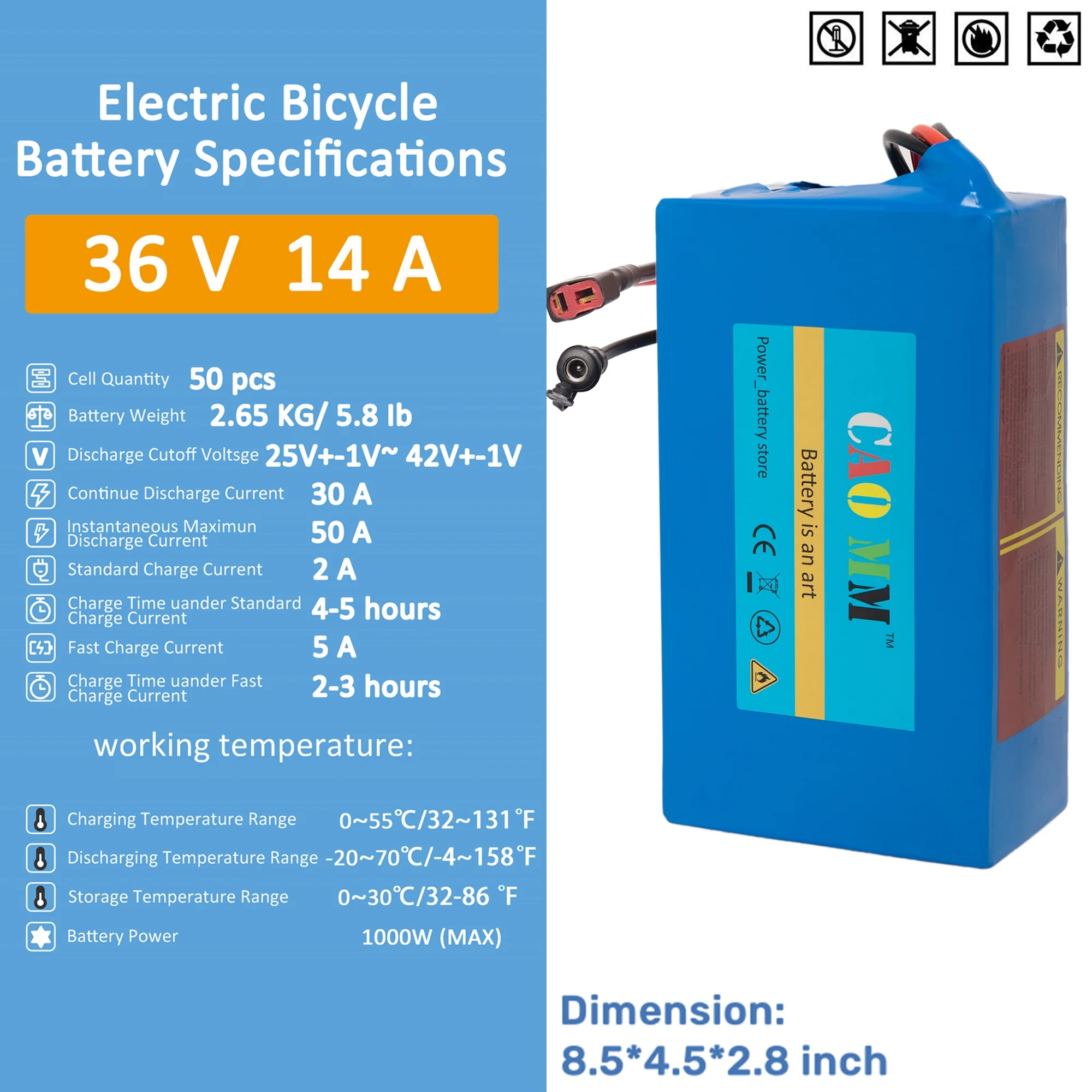 Ebike Battery 36V 10Ah Lithium Battery with 5A Fast Charger for 750W Electric Bicycle - Inhomebuy