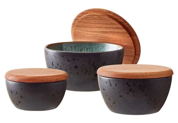 Stoneware Bowl With Lid Set 3 Pcs Black, Green - Inhomebuy