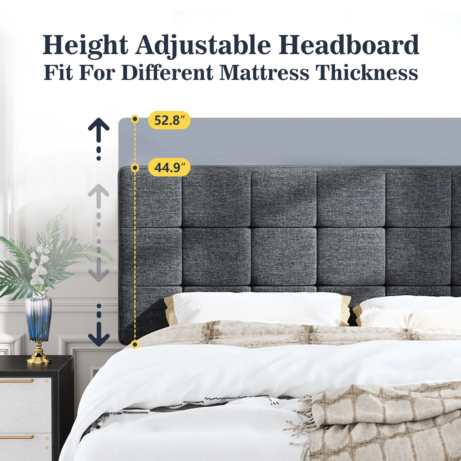 Allewie Queen Size Panel Platform Bed Frame with Adjustable High Upholstered Headboard, Grey - Inhomebuy