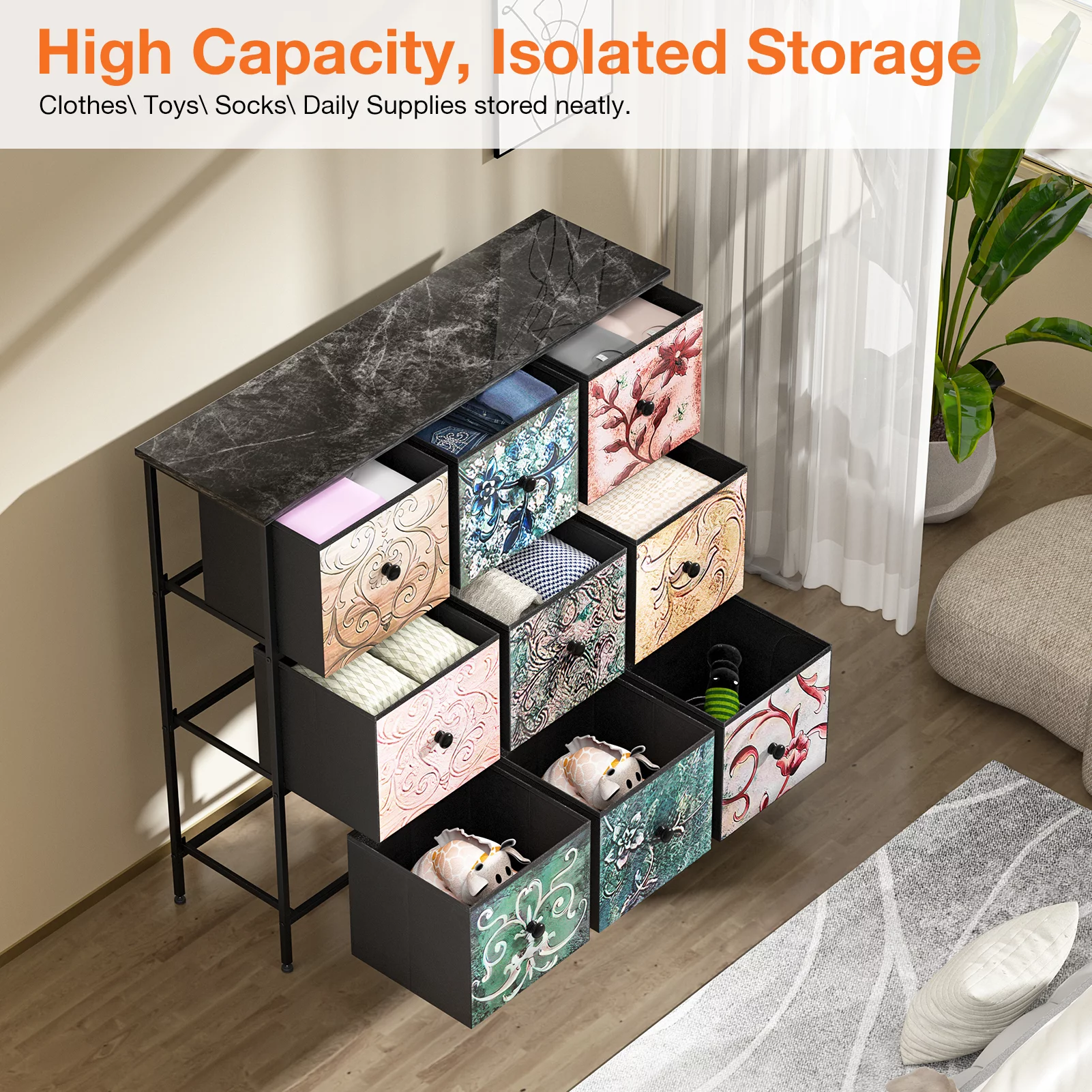 YILQQPER Dresser with 9 Drawers, Tall Storage Dresser with Sturdy Steel Frame, Wood Top (Floral Painted)  Chest of Drawers for Closet, Living Room, Adult and Children's Bedroom, Black - Inhomebuy