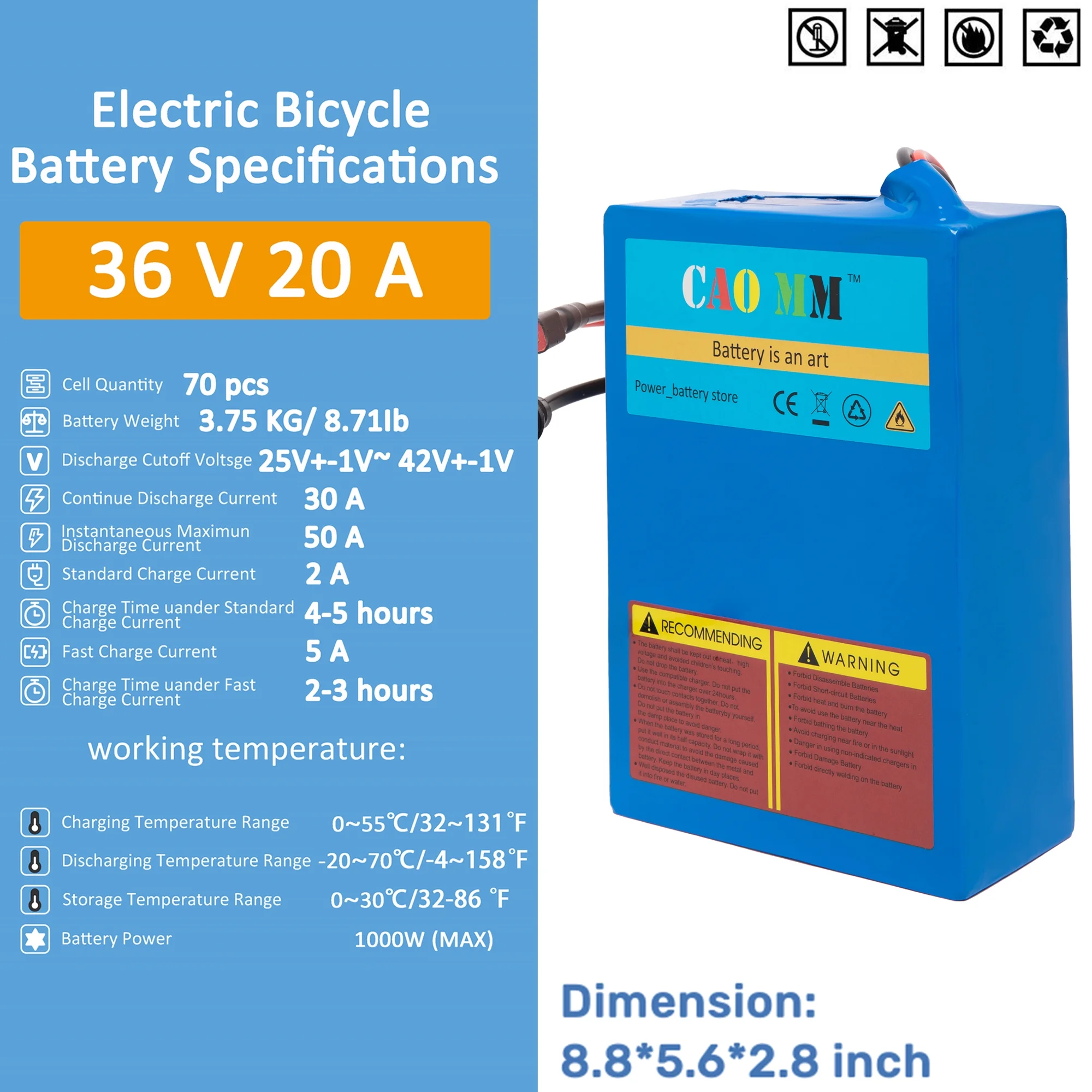 Ebike Battery 36V 10Ah Lithium Battery with 5A Fast Charger for 750W Electric Bicycle - Inhomebuy