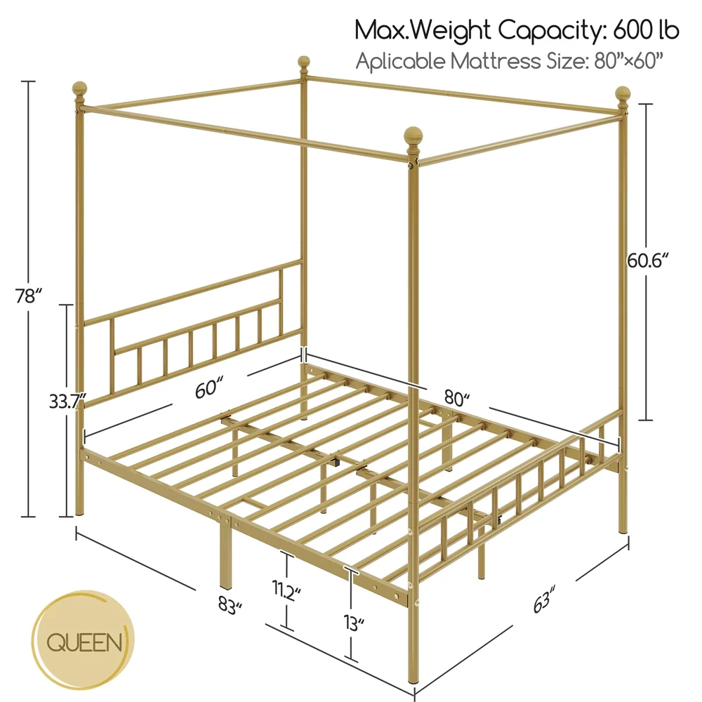Topeakmart Metal Bed Frame Four-Poster Canopied with Headboard & Footboard, Queen, Black - Inhomebuy