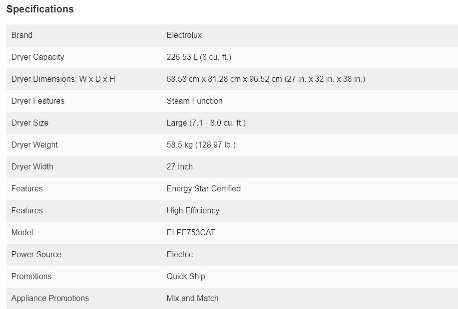 ELECTROLUX 5 SERIES 8.0 CU FT. ELECTRIC FRONT LOAD DRYER WITH LUXCARE DRY SYSTEM - ELFE753CAW - Inhomebuy