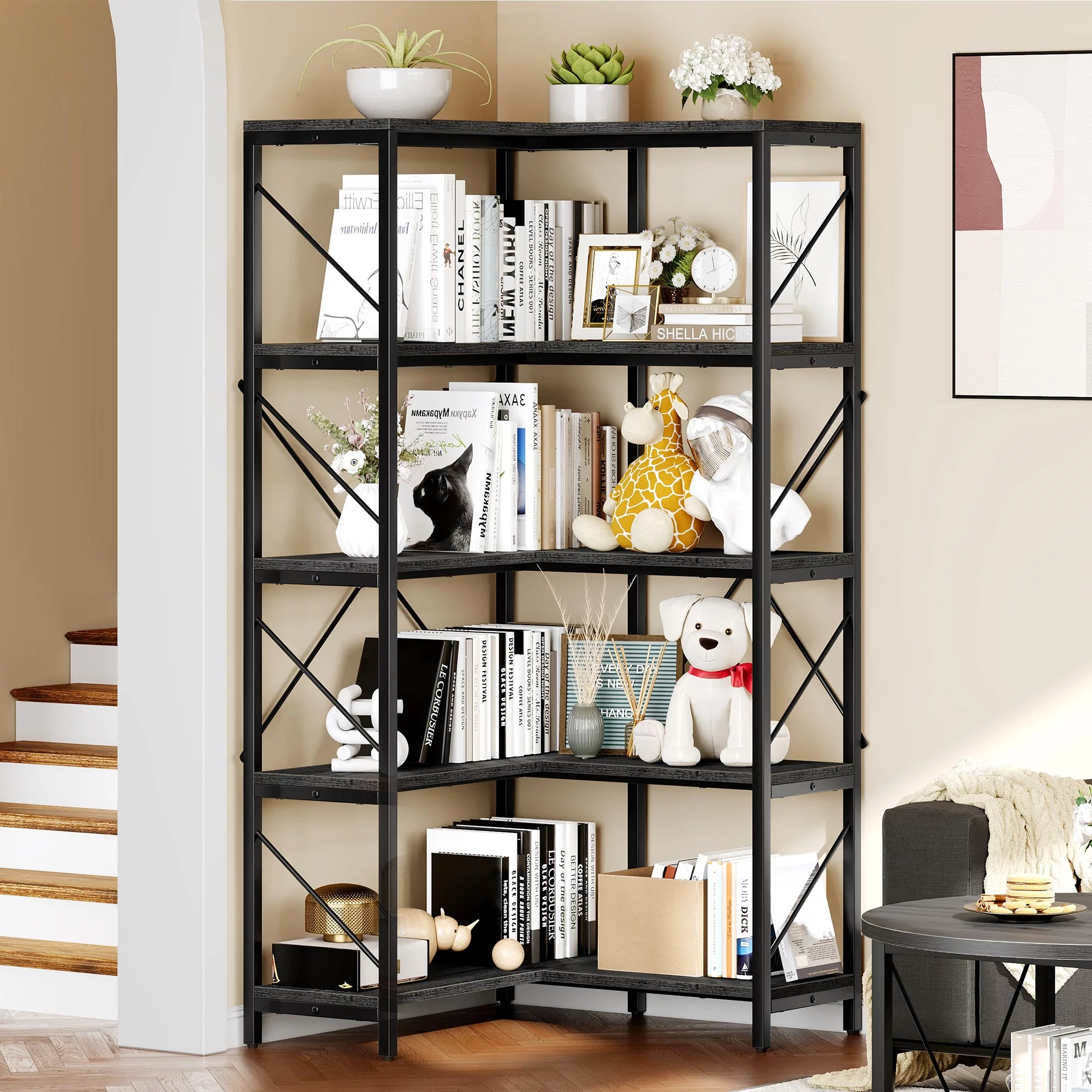 5-Tier L-Shaped Bookcase Storage Organizer, Tall Corner Bookshelf Open Display Freestanding Storage,Dark Gray - Inhomebuy