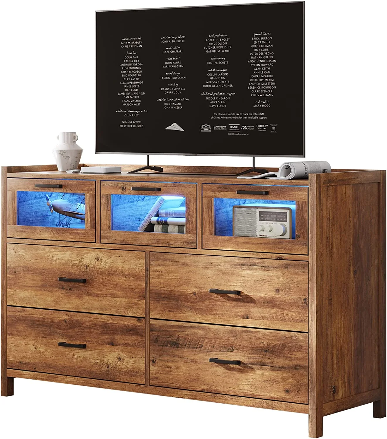 7 Drawer Dresser, Chest of Drawers with LED Lights, Wide Storage Organizer, Black Finish - Inhomebuy