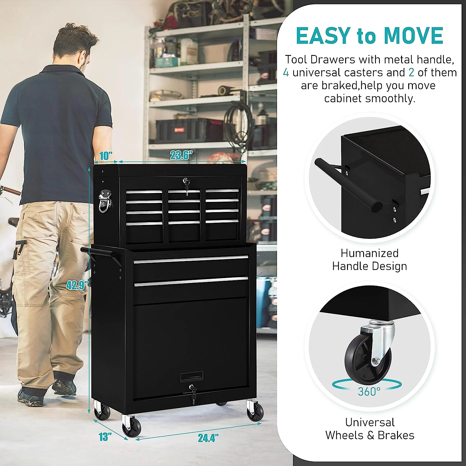 2-IN-1  Tool Chest & Cabinet, Large Capacity 8-Drawer Rolling Tool Box Organizer with Wheels Lockable Craft, Black - Inhomebuy