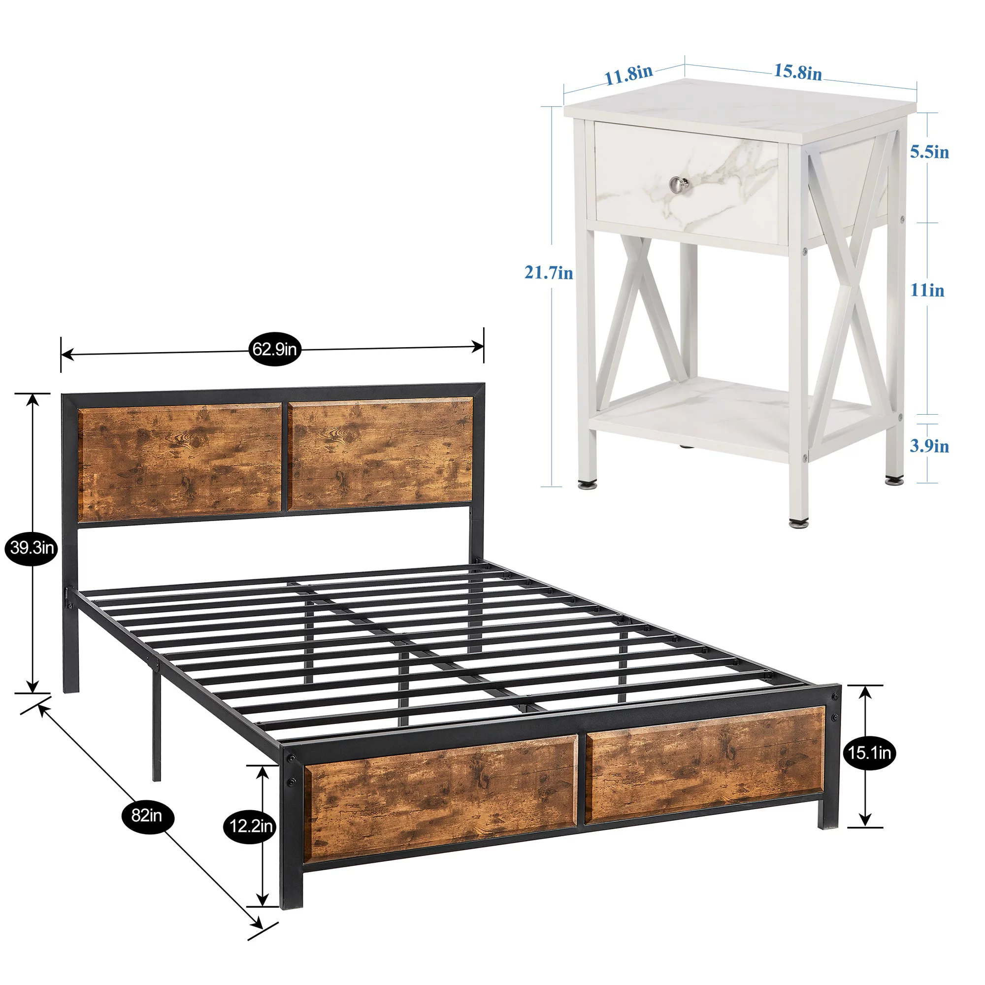 VECELO 3-Piece Bedroom Set with Queen Size Bed Frame and 1-Drawer Brown Nightstands - Inhomebuy