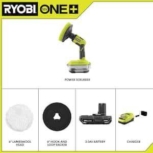 RYOBI ONE+ 18V Cordless Compact Power Scrubber Kit with 2.0 Ah Battery, Charger, and 6 Kit - Inhomebuy