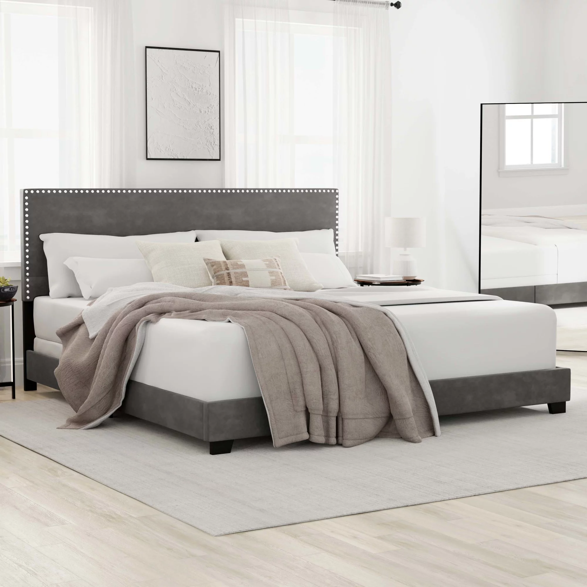 Willow Nailhead Trim Upholstered Queen Bed, Charcoal Fabric - Inhomebuy