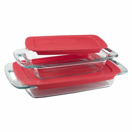 Pyrex Easy Grab® 4-Piece Glass Baking Set | 1090992 | Includes 3-Qt and 2-Qt Oblong Baking Dishes with Red Plastic Covers - Inhomebuy