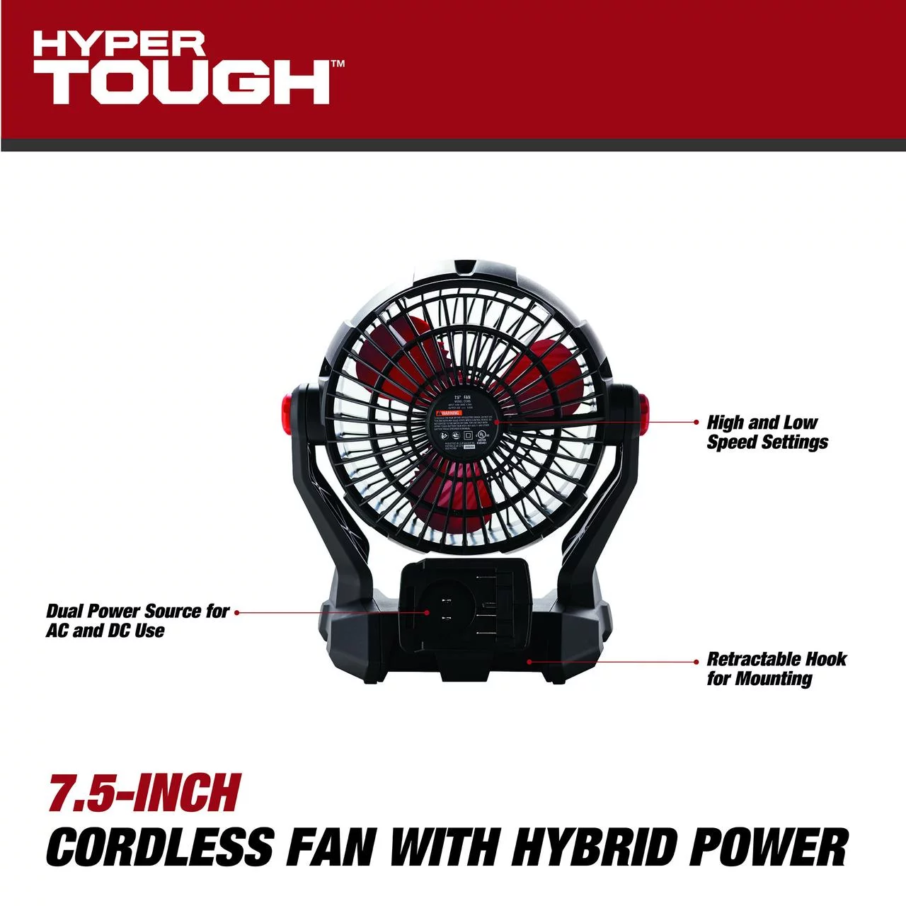 Hyper Tough 7.5 in. Cordless Fan with Hybrid Power,with 2.0Ah Lithium-Ion Battery Pack Powered,C1005 - Inhomebuy