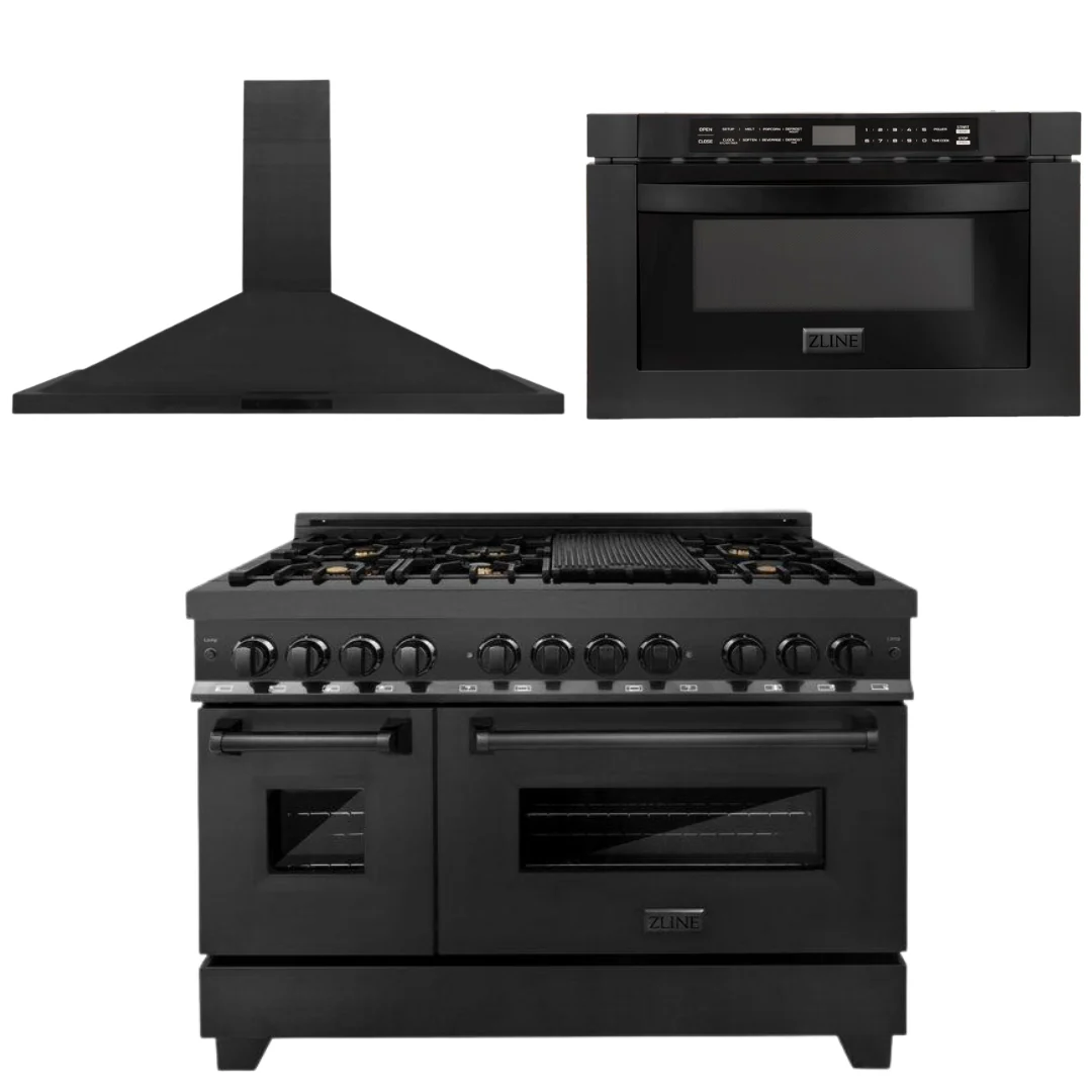 ZLINE Black Stainless Steel Appliance Package - 48 in. Dual Fuel Range, Range Hood, Microwave, 3KP-RABRH48-MW - Inhomebuy