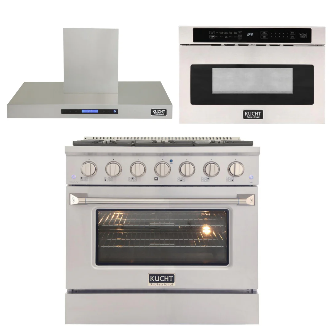 Kucht Professional 36 in. 5.2 cu ft. Natural Gas Range, Range Hood & Microwave Drawer Package, AP-KNG361-S-7 - Inhomebuy